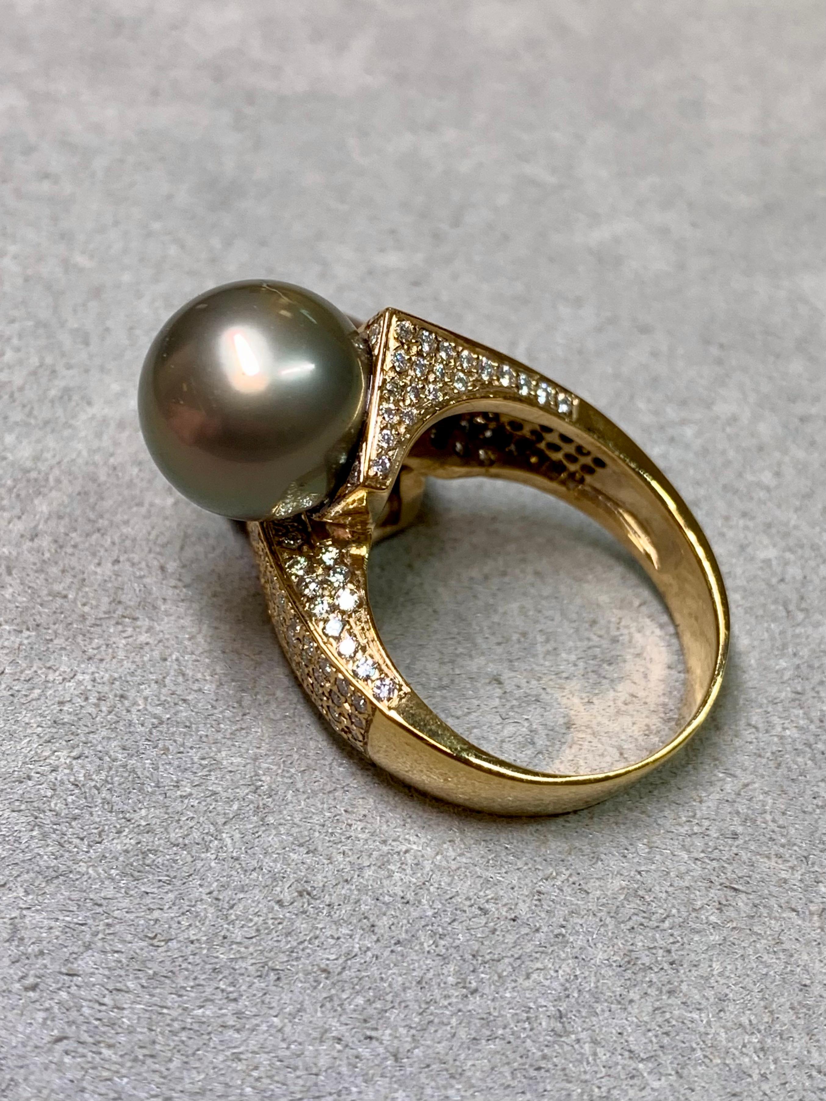 Estate 14K South Sea Tahitian Pearl Diamond Bypass Cocktail Ring 12.30mm Sz 8.75 In Good Condition For Sale In Winter Springs, FL
