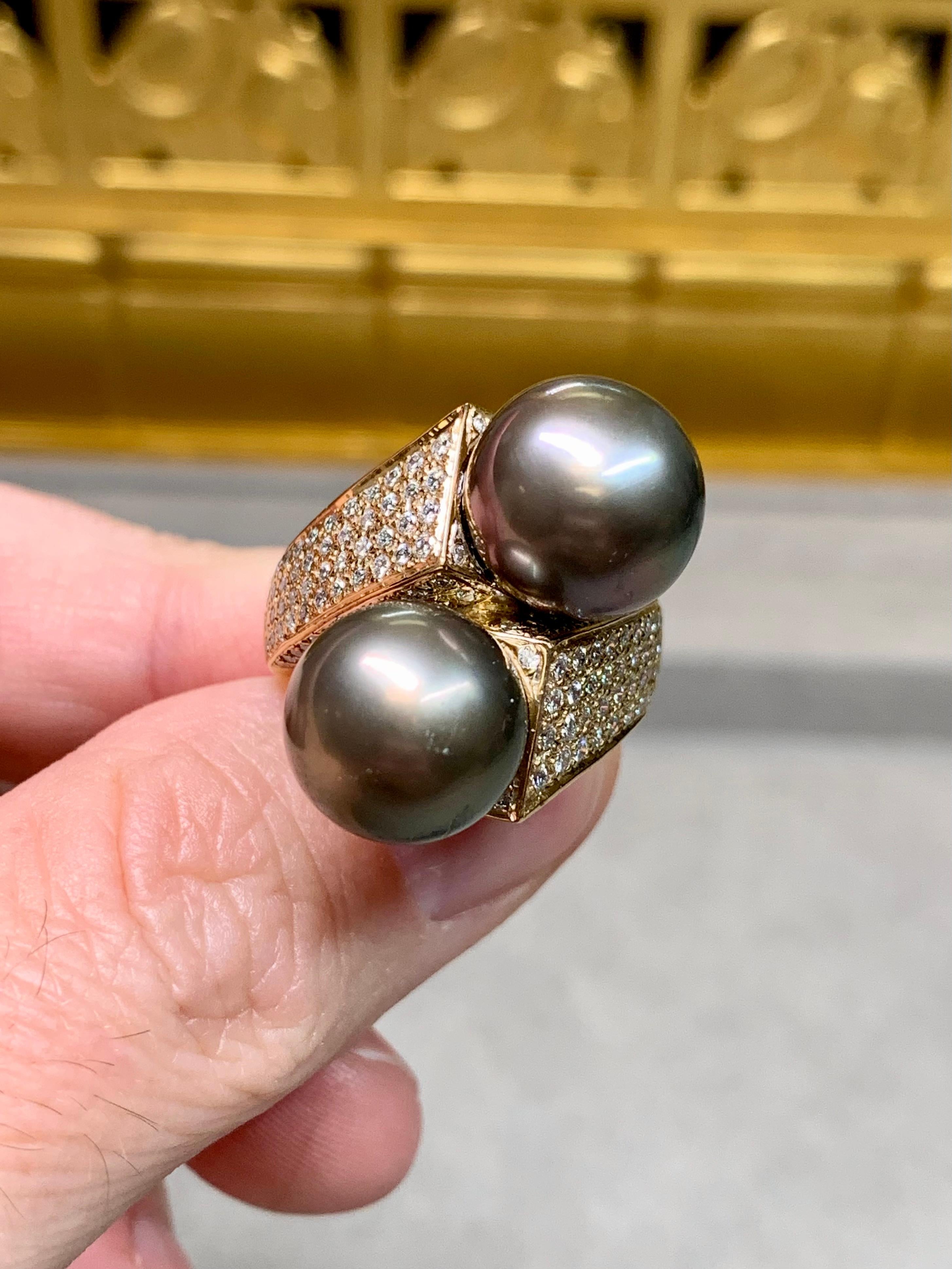 Women's or Men's Estate 14K South Sea Tahitian Pearl Diamond Bypass Cocktail Ring 12.30mm Sz 8.75 For Sale