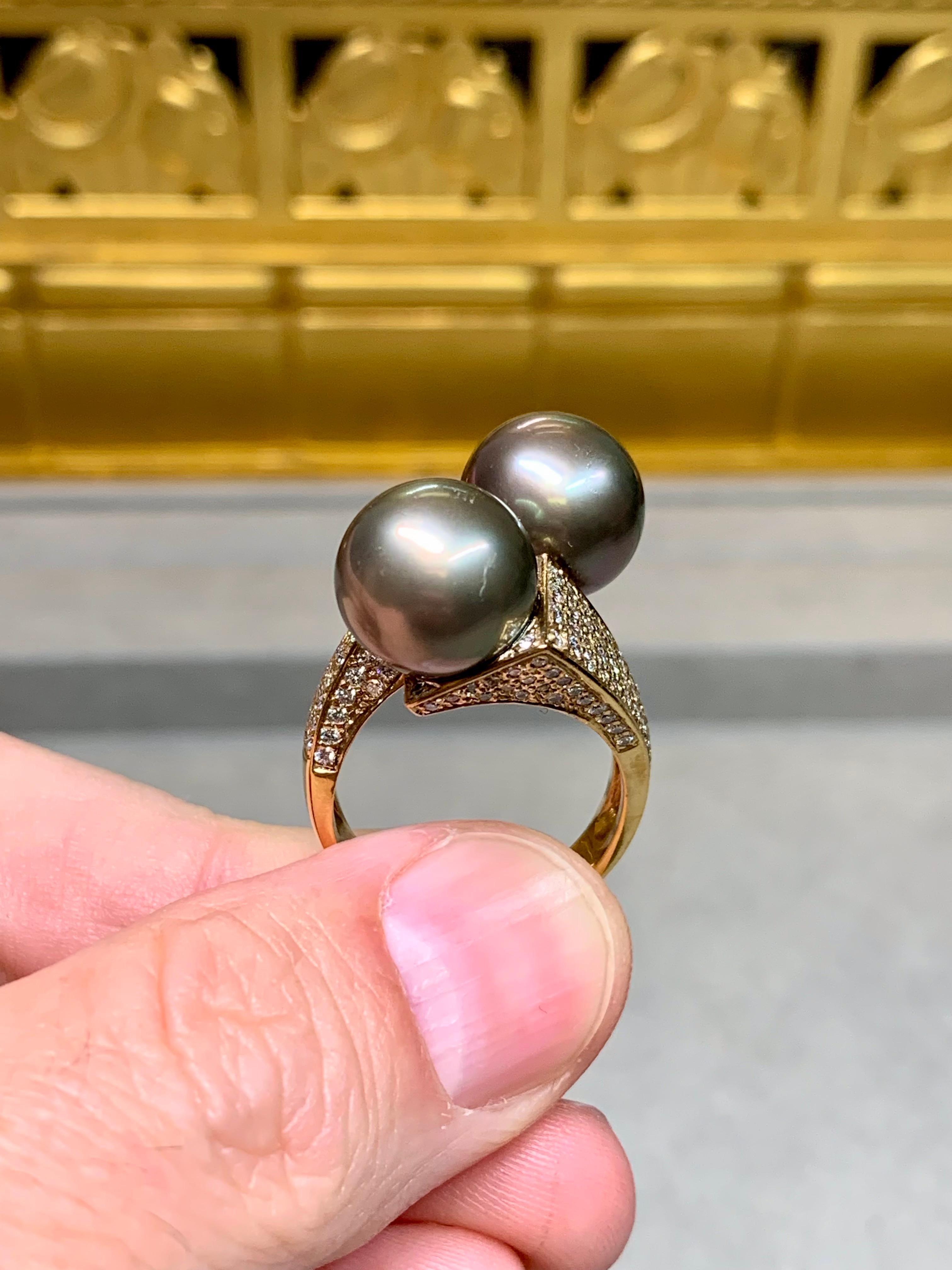 Estate 14K South Sea Tahitian Pearl Diamond Bypass Cocktail Ring 12.30mm Sz 8.75 For Sale 1