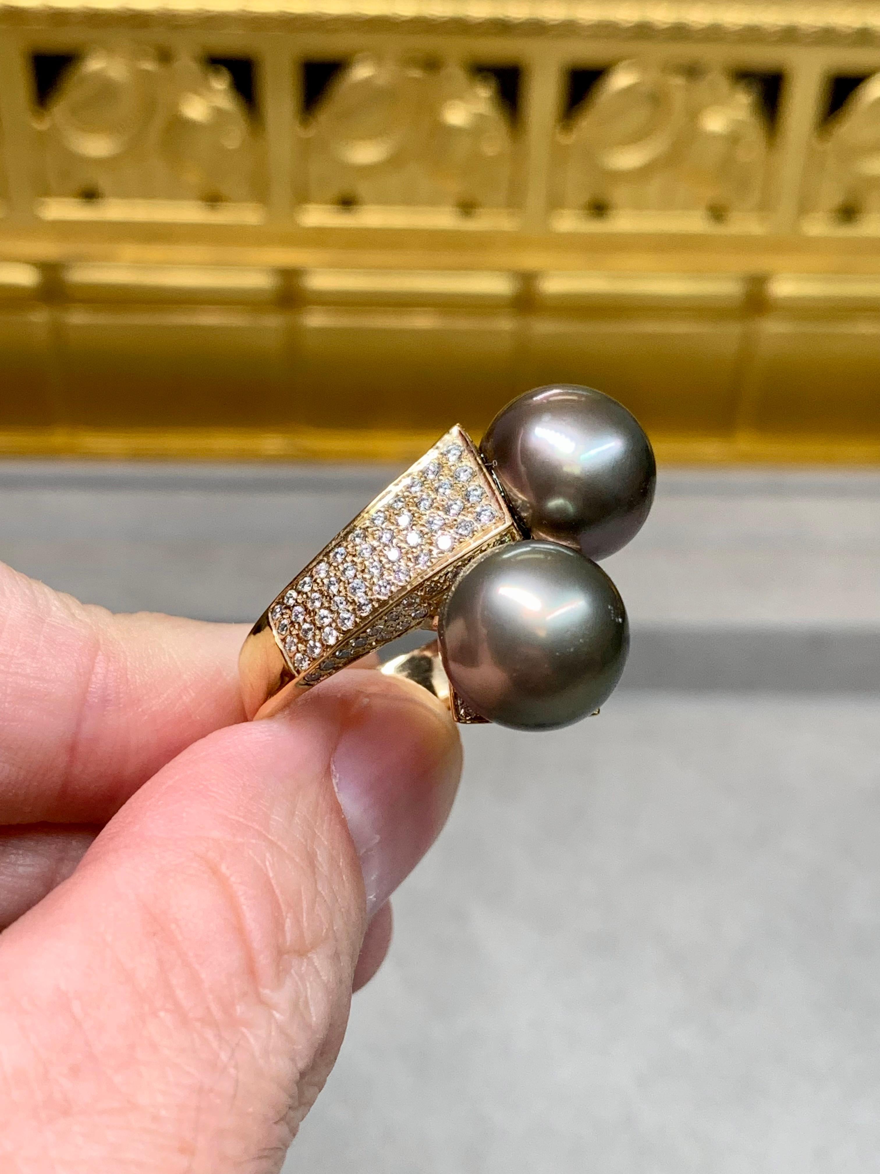 Estate 14K South Sea Tahitian Pearl Diamond Bypass Cocktail Ring 12.30mm Sz 8.75 For Sale 2