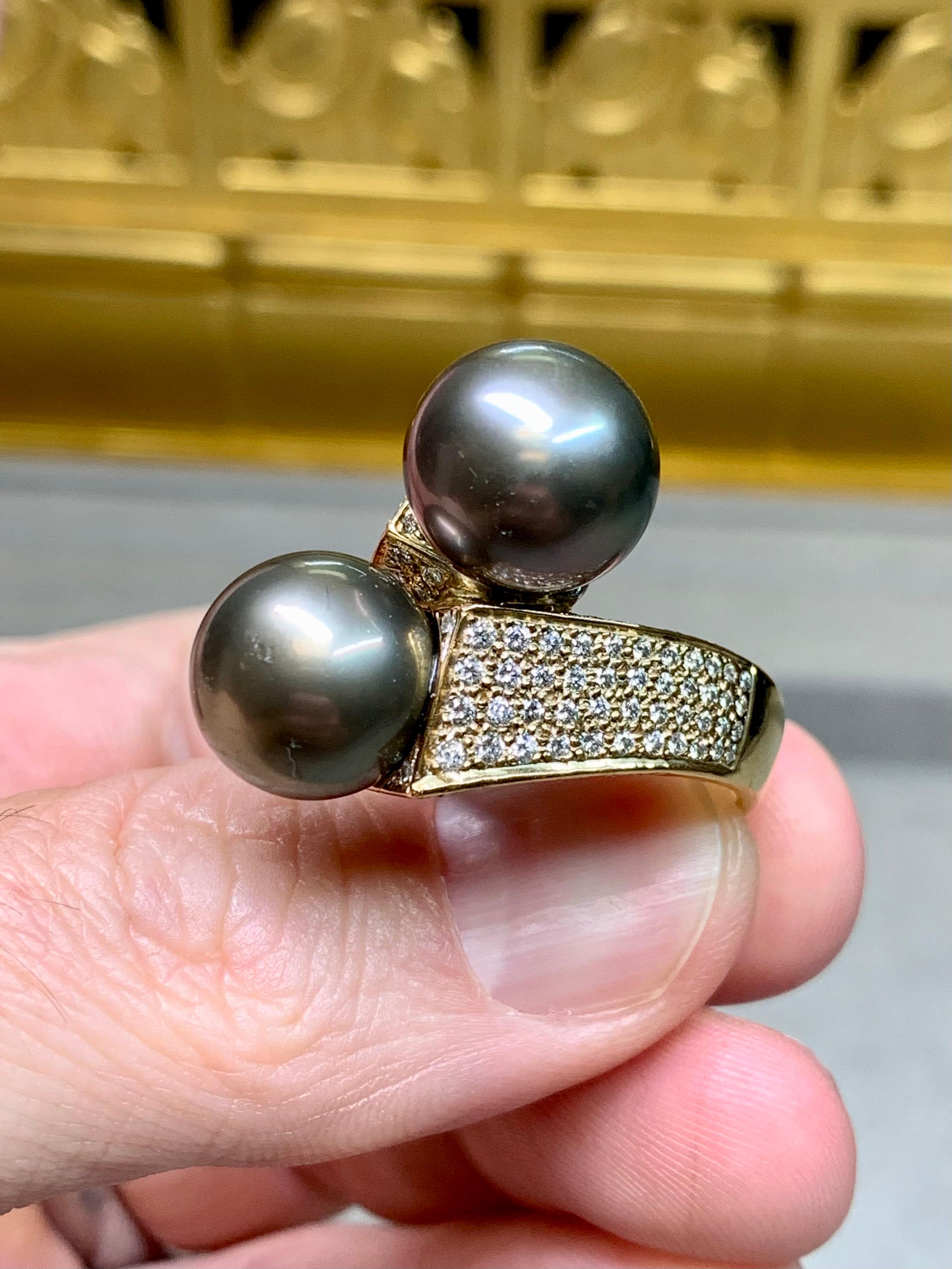 Estate 14K South Sea Tahitian Pearl Diamond Bypass Cocktail Ring 12.30mm Sz 8.75 For Sale 3