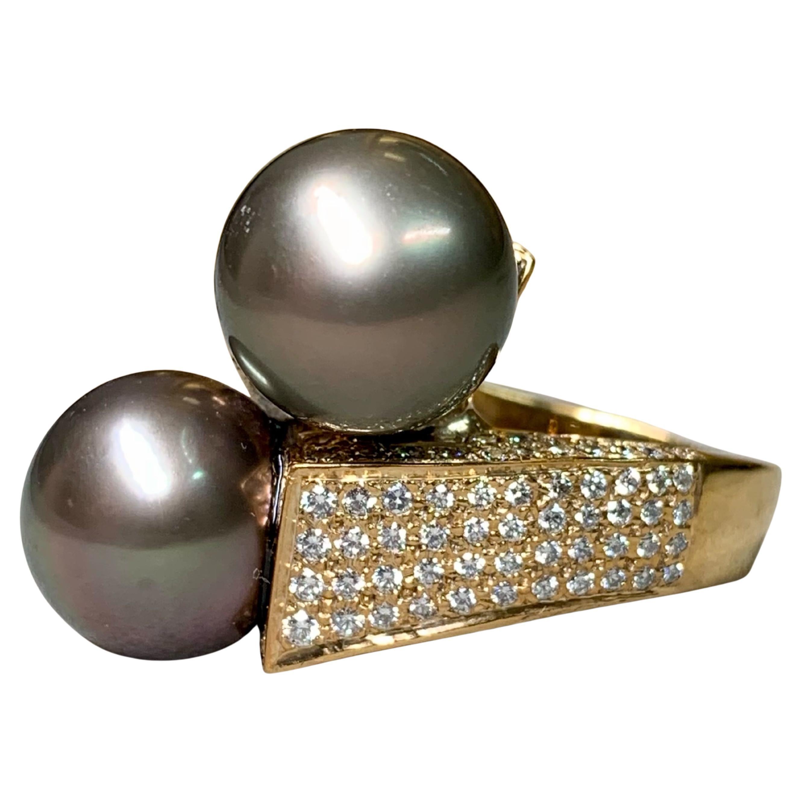 Estate 14K Südsee Tahiti Perle Diamant Bypass Cocktail Ring 12,30mm Sz 8,75