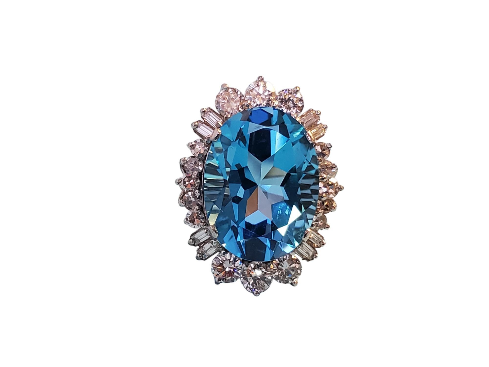 Stunning Cocktail Ring Oval 20x15mm Topaz 3tcw Diamonds

Listed is a spectacular cocktail ring with a very large blue Topaz with big beautiful diamonds ranging from F-H in color clean to the eye. The estimated weight of the Topaz is approximately