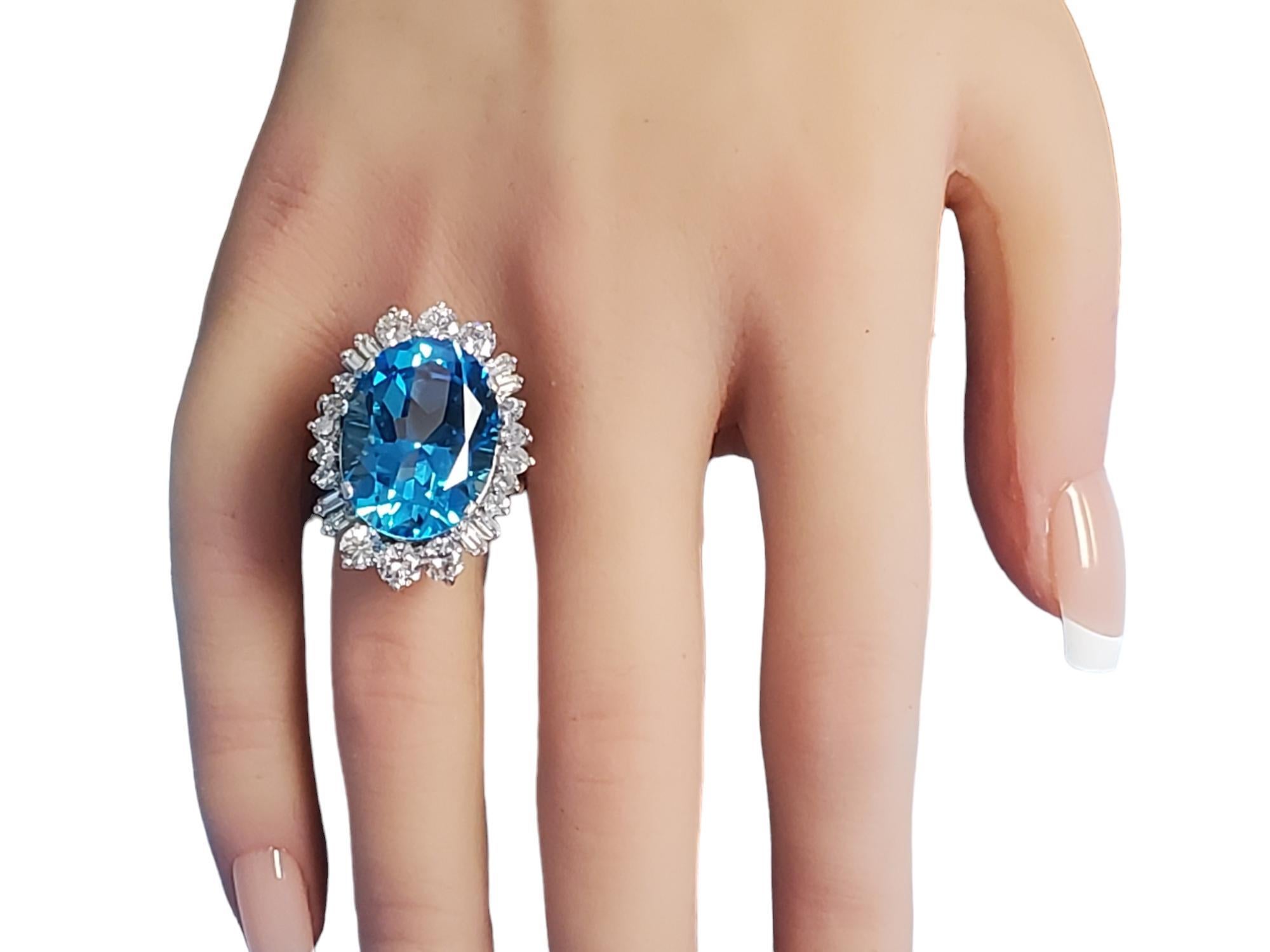 Modern Cocktail Ring 20tcw Blue Oval Topaz and Diamonds in 14k White Gold  For Sale