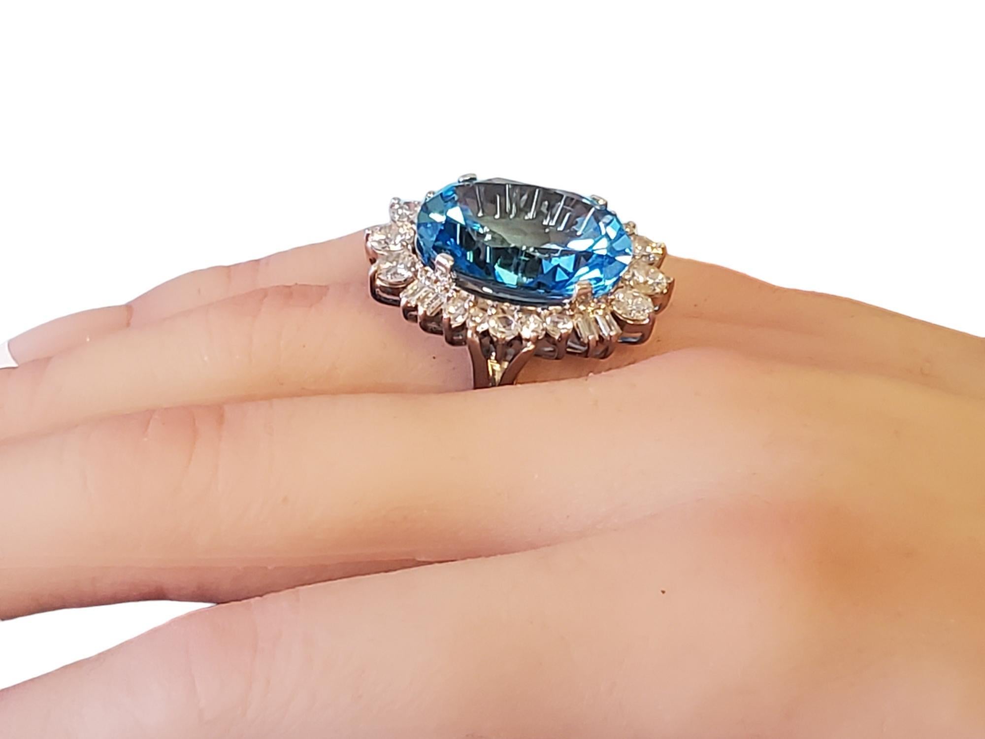 Oval Cut Cocktail Ring 20tcw Blue Oval Topaz and Diamonds in 14k White Gold  For Sale