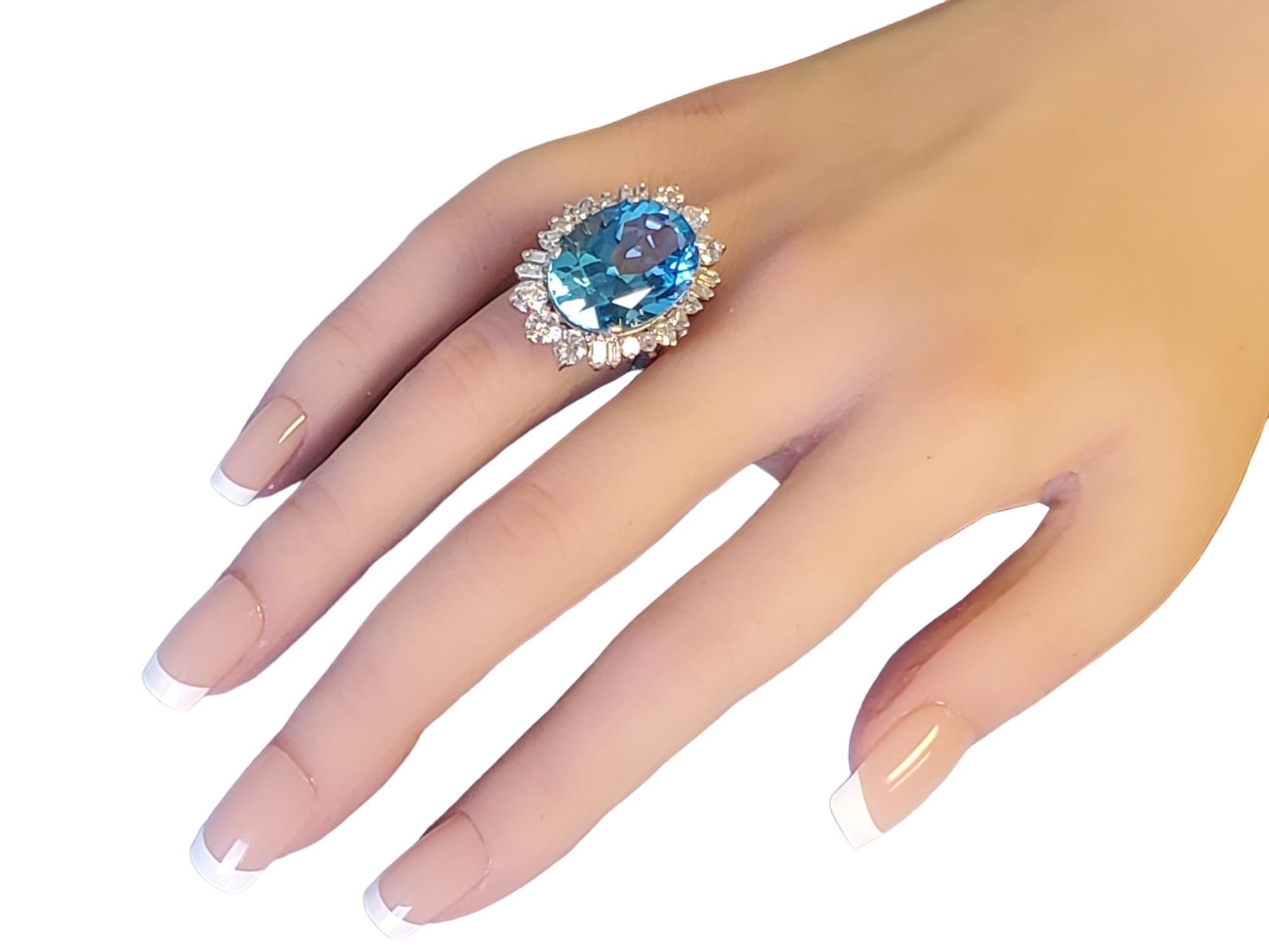 Women's Cocktail Ring 20tcw Blue Oval Topaz and Diamonds in 14k White Gold  For Sale