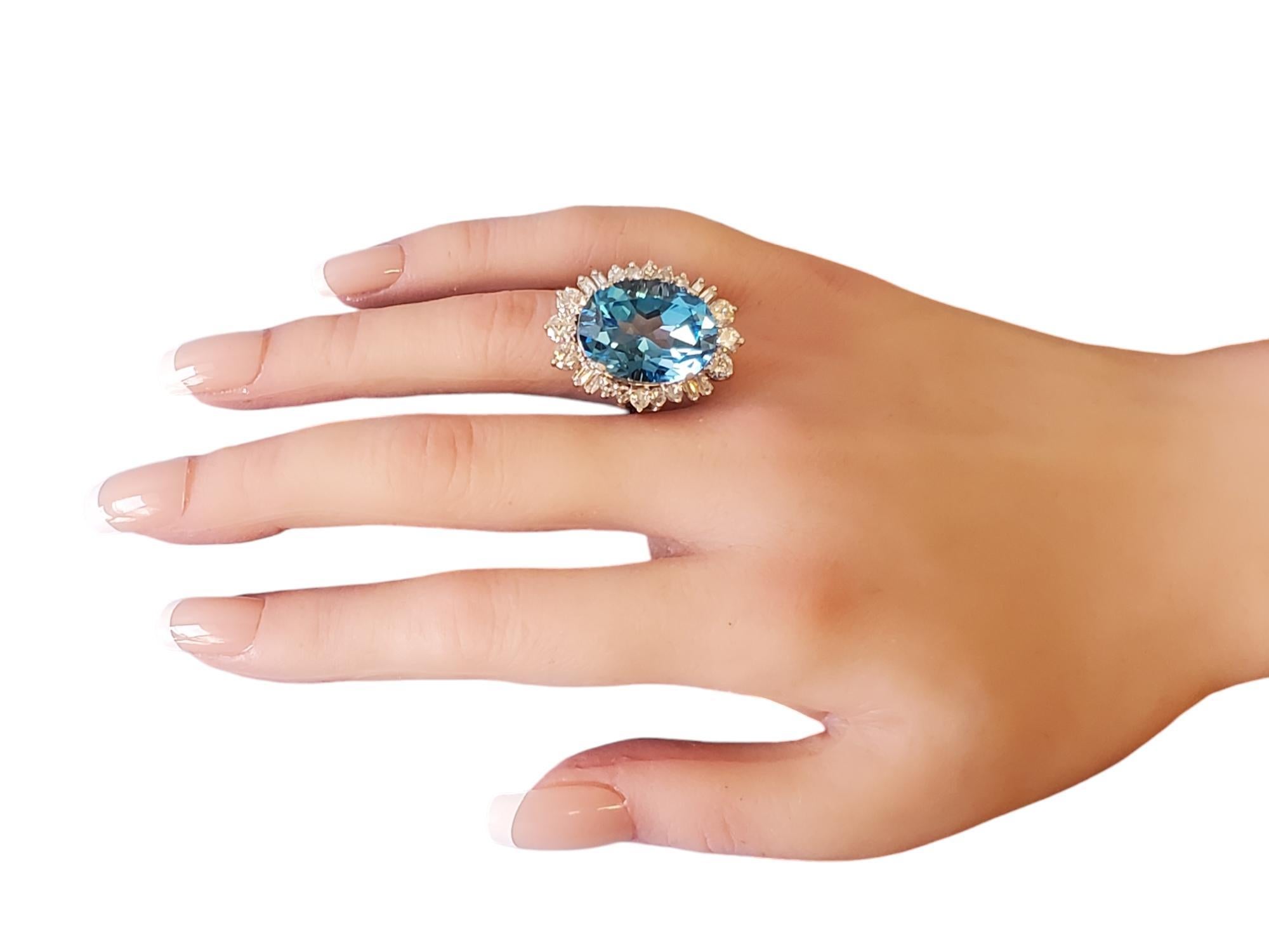 Cocktail Ring 20tcw Blue Oval Topaz and Diamonds in 14k White Gold  For Sale 1