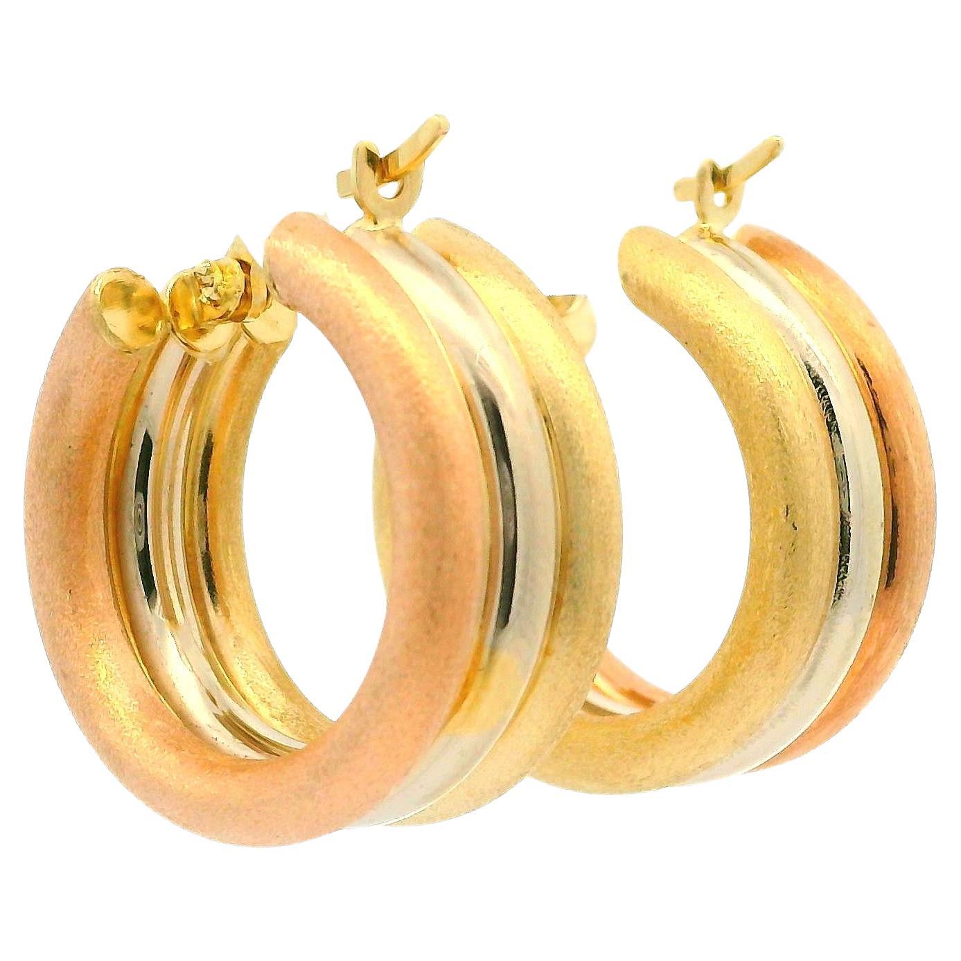 Estate 14k Tri-Color Gold Matte 
Polished Finish Wide Hoop Earrings For Sale