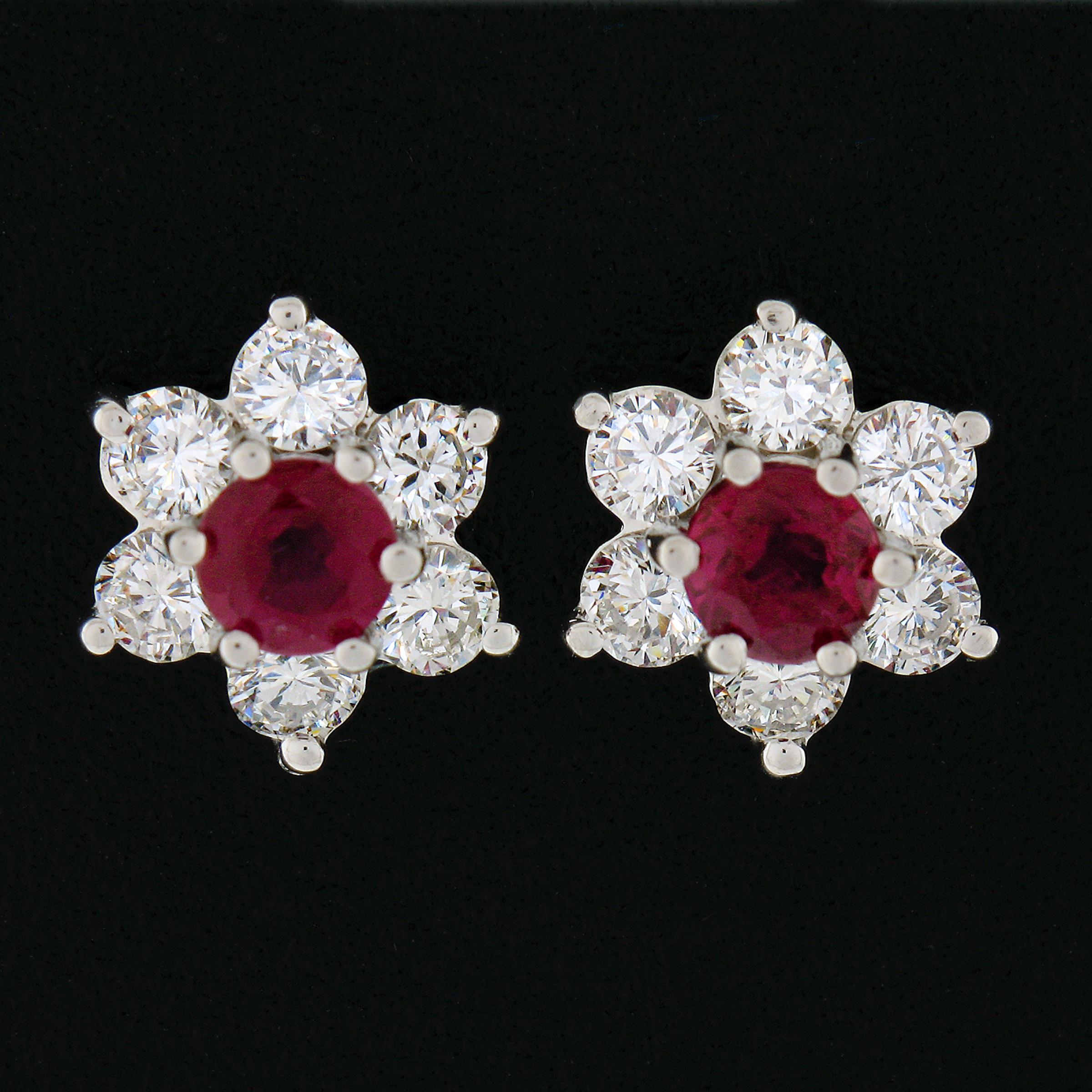 Round Cut Estate 14k White Gold 1.22ctw Round Ruby & Diamond Flower Cluster Stud Earrings For Sale