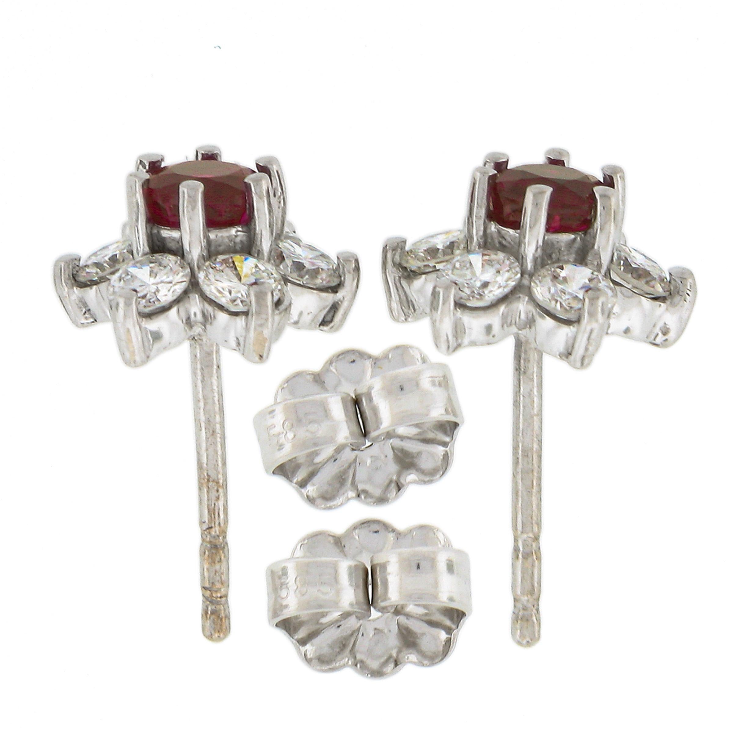 Estate 14k White Gold 1.22ctw Round Ruby & Diamond Flower Cluster Stud Earrings In Excellent Condition For Sale In Montclair, NJ
