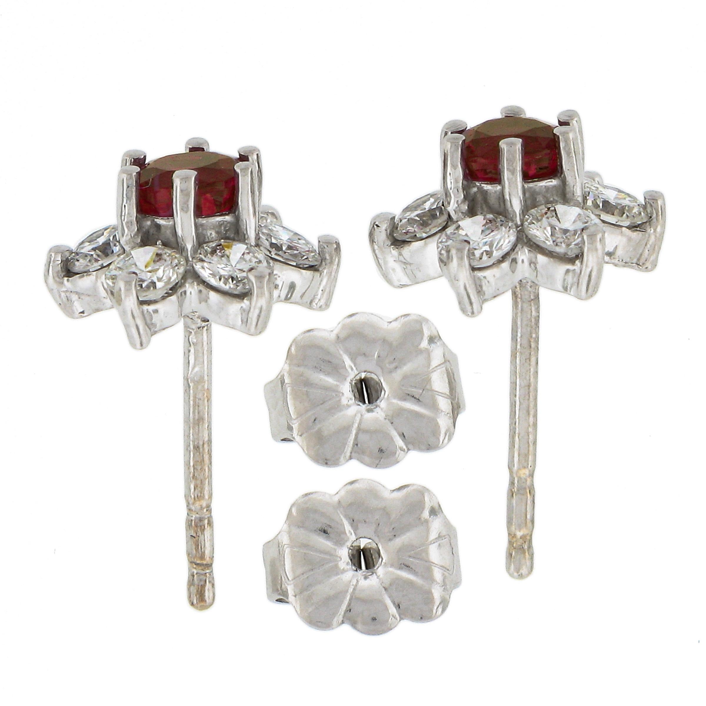 Women's Estate 14k White Gold 1.22ctw Round Ruby & Diamond Flower Cluster Stud Earrings For Sale