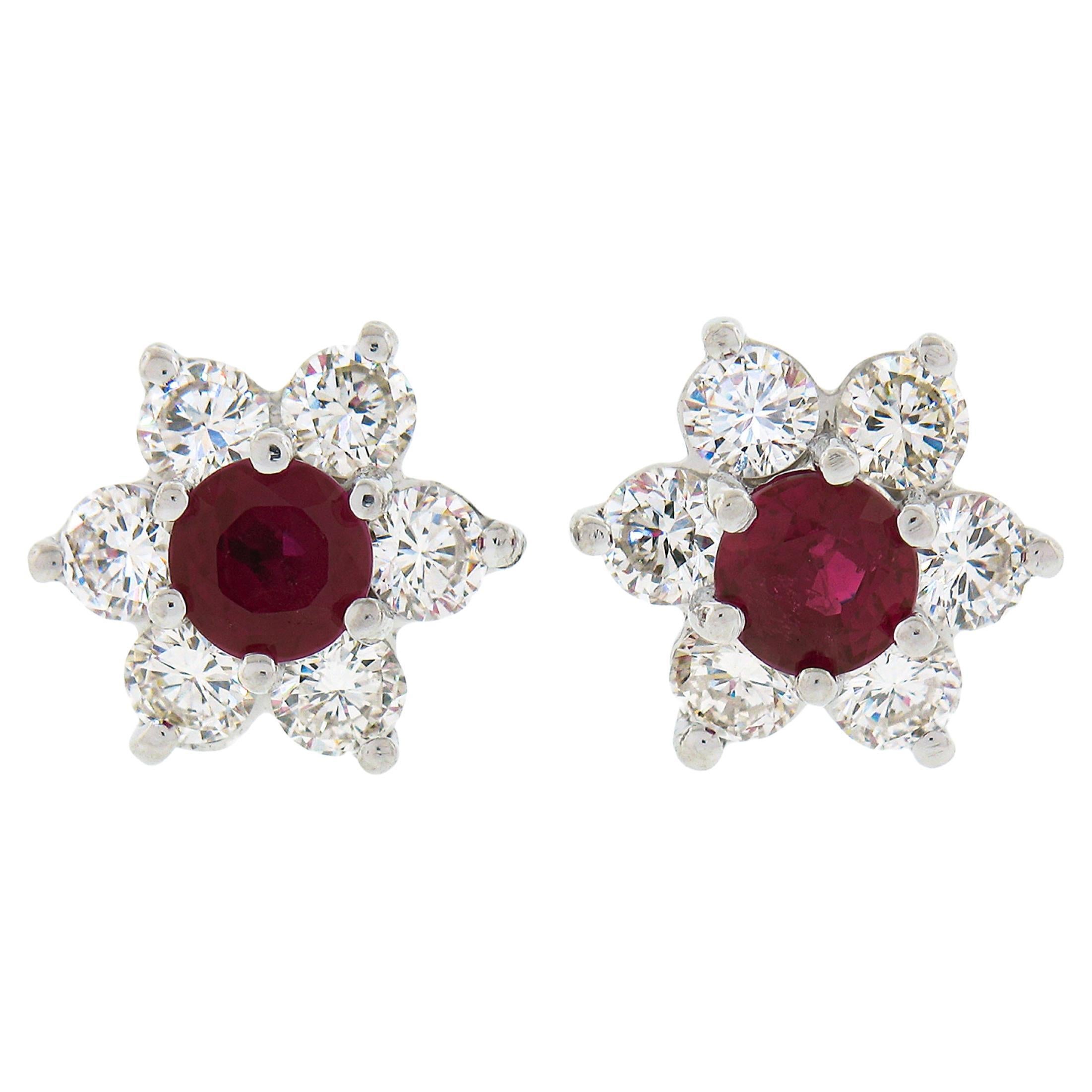 Estate 14k White Gold 1.22ctw Round Ruby & Diamond Flower Cluster Stud Earrings For Sale