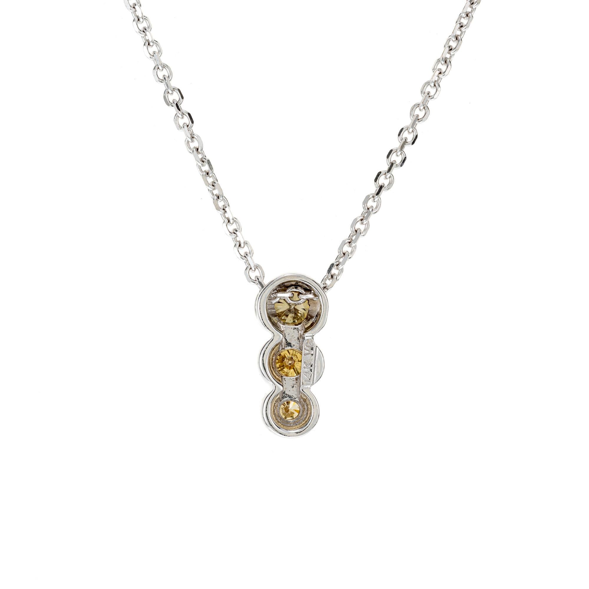 Round Cut Estate 14k White Gold 3 Stone Natural Yellow Diamond Necklace Chain For Sale