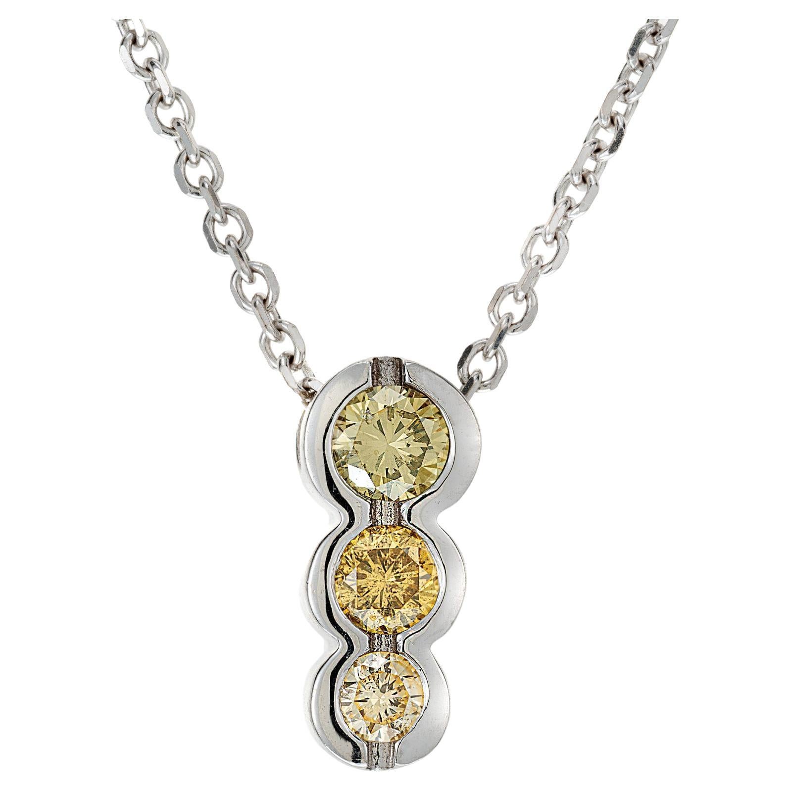Estate 14k White Gold 3 Stone Natural Yellow Diamond Necklace Chain For Sale