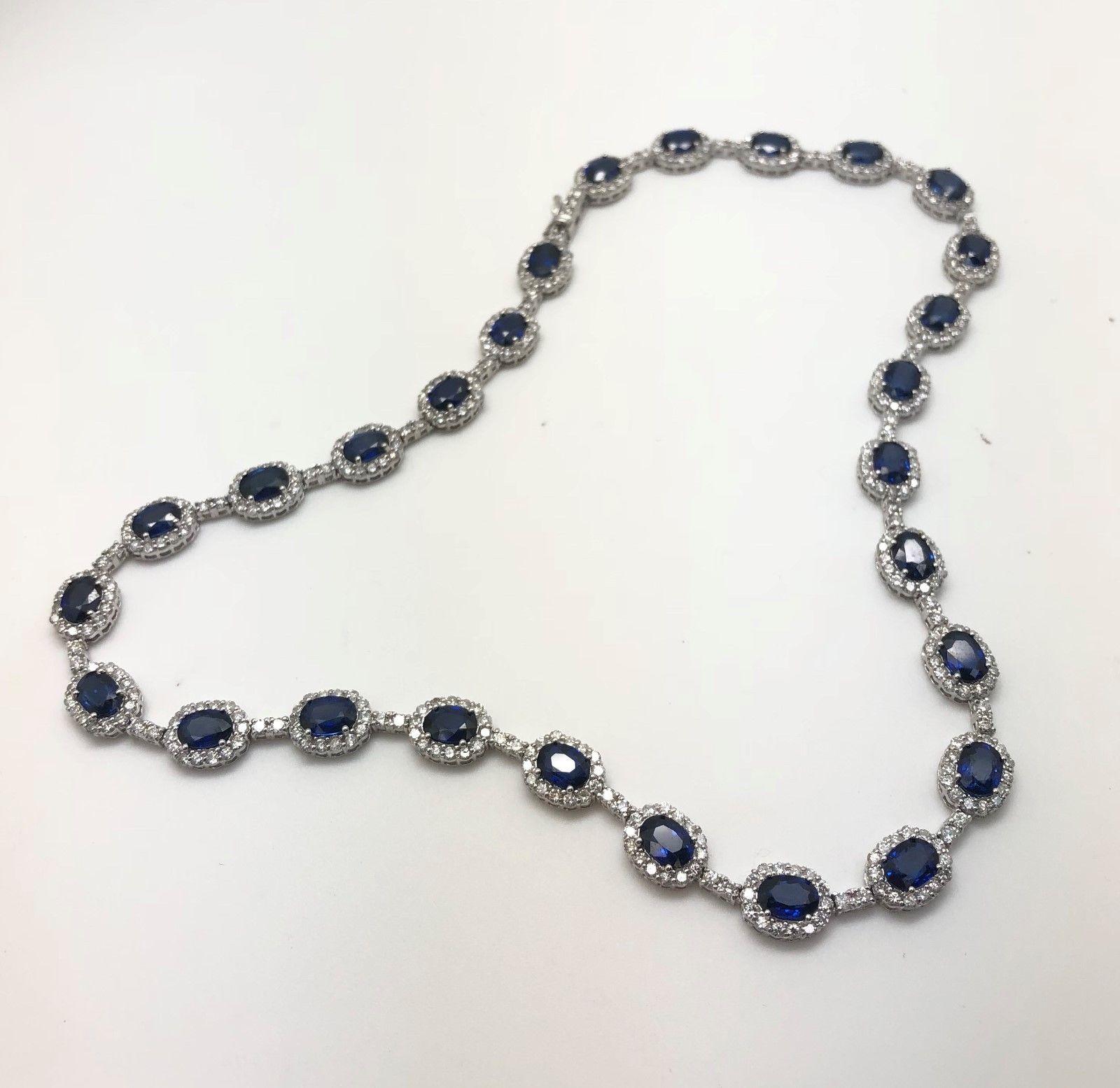 Estate 14 Karat White Gold 36.00 Carat Sapphire and Diamond Necklace 32.6 Grams In New Condition For Sale In Houston, TX