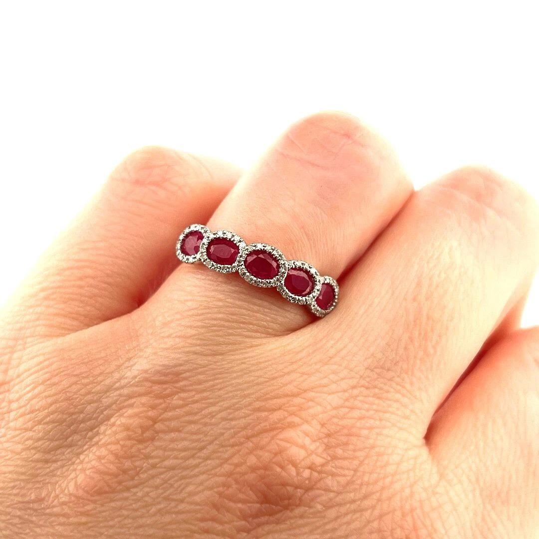 Oval Cut Estate 14K White Gold 5-Stone Natural Oval Ruby & Diamond Halo Band Ring Sz 6.25 For Sale