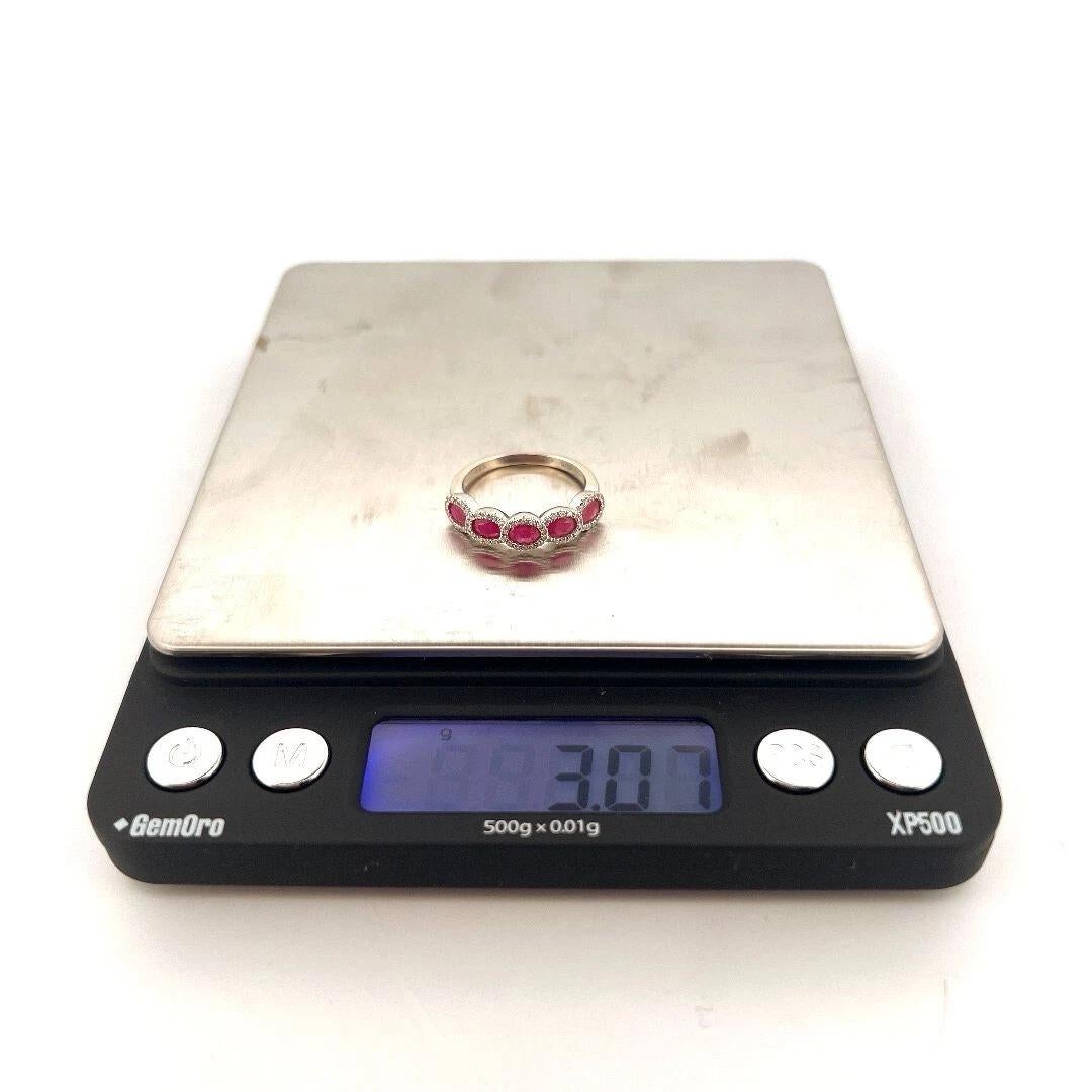 Estate 14K White Gold 5-Stone Natural Oval Ruby & Diamond Halo Band Ring Sz 6.25 In Good Condition For Sale In Carmel By The Sea, CA