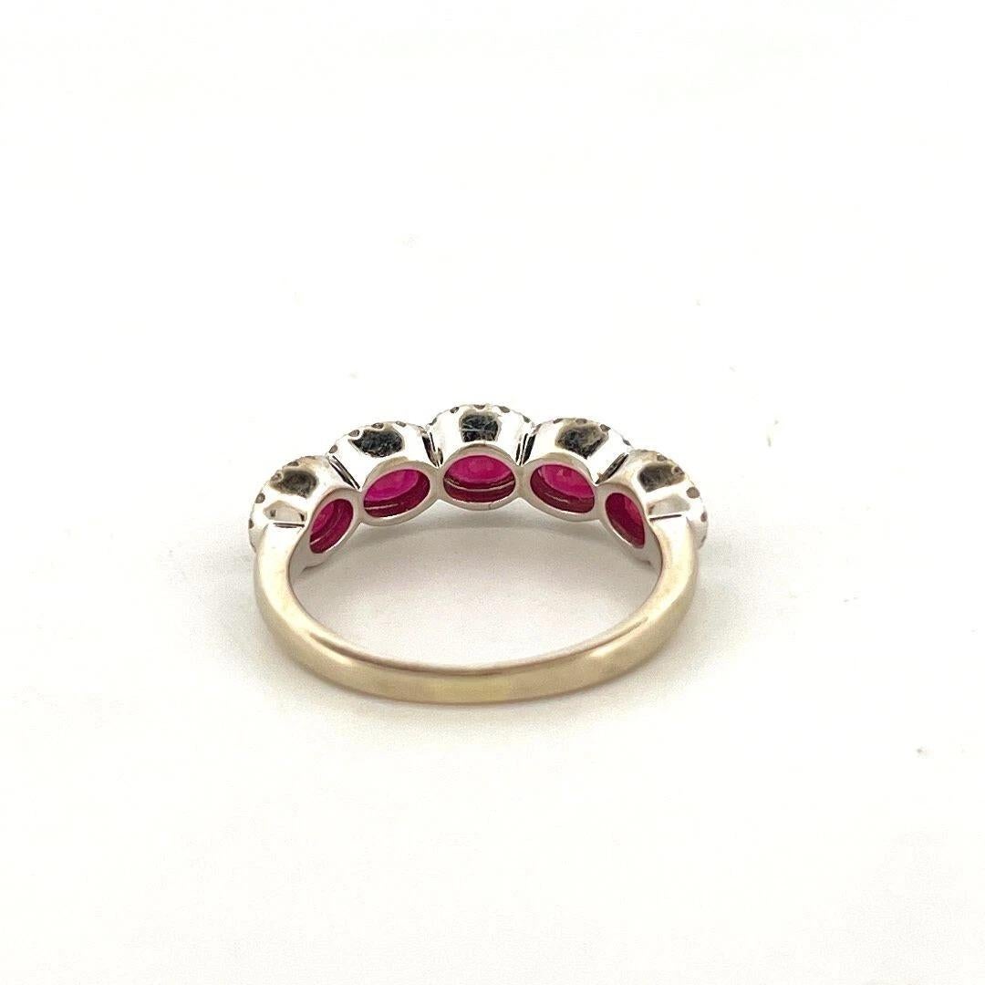 Women's Estate 14K White Gold 5-Stone Natural Oval Ruby & Diamond Halo Band Ring Sz 6.25 For Sale