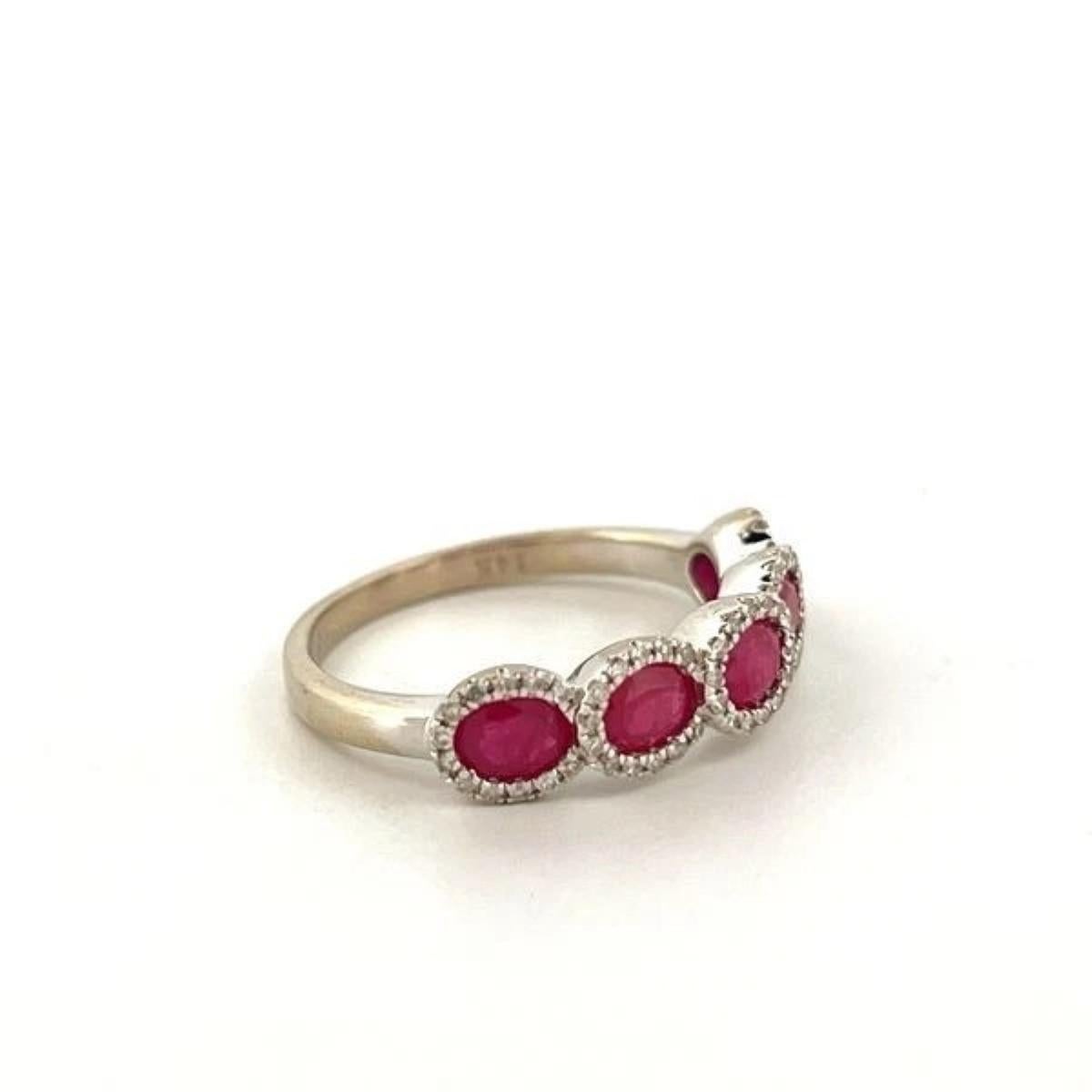 Estate 14K White Gold 5-Stone Natural Oval Ruby & Diamond Halo Band Ring Sz 6.25 For Sale 1