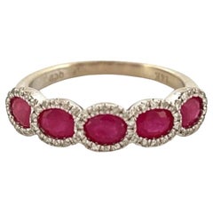 Estate 14K White Gold 5-Stone Natural Oval Ruby & Diamond Halo Band Ring Sz 6.25