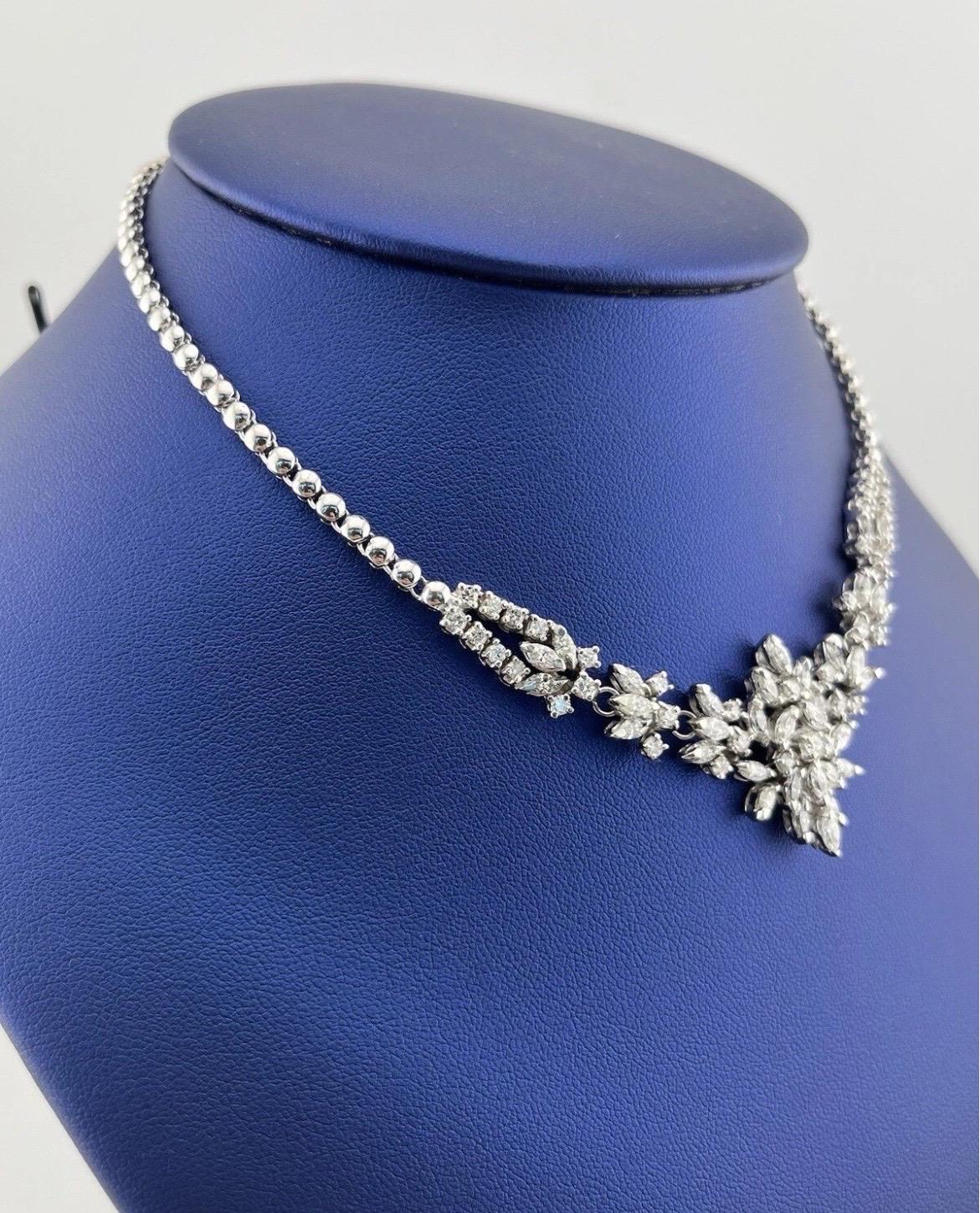 Marquise Cut Estate 14k White Gold 7ct Round & Marquise Diamond Choker Necklace For Sale