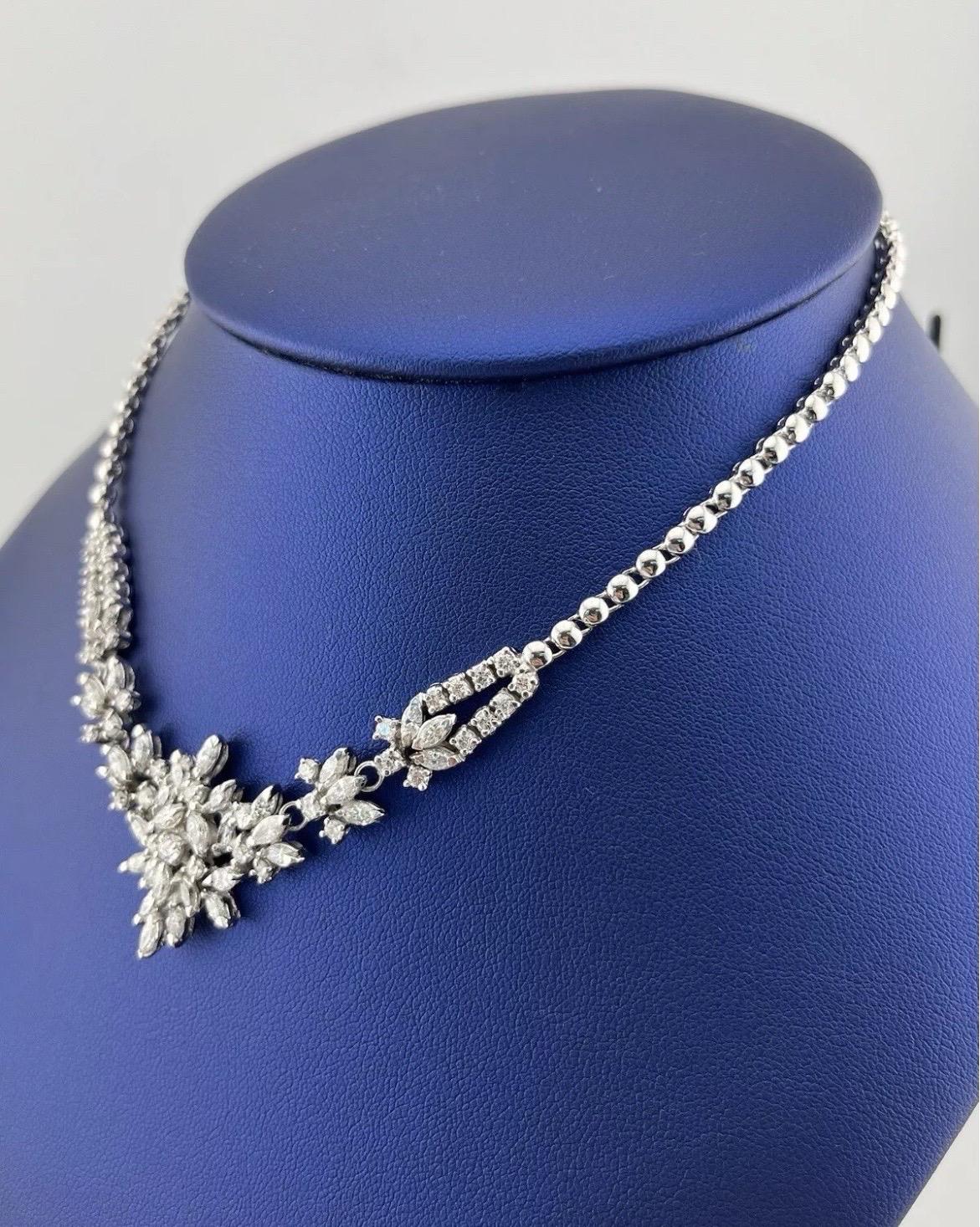 Estate 14k White Gold 7ct Round & Marquise Diamond Choker Necklace In Good Condition For Sale In Boca Raton, FL