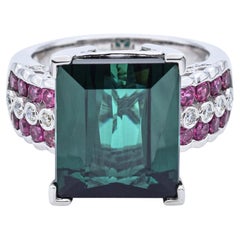 Nachlass 14K Weißgold 8,04 Karat Grüner Turmalin & Diamant Cocktail-Ring
