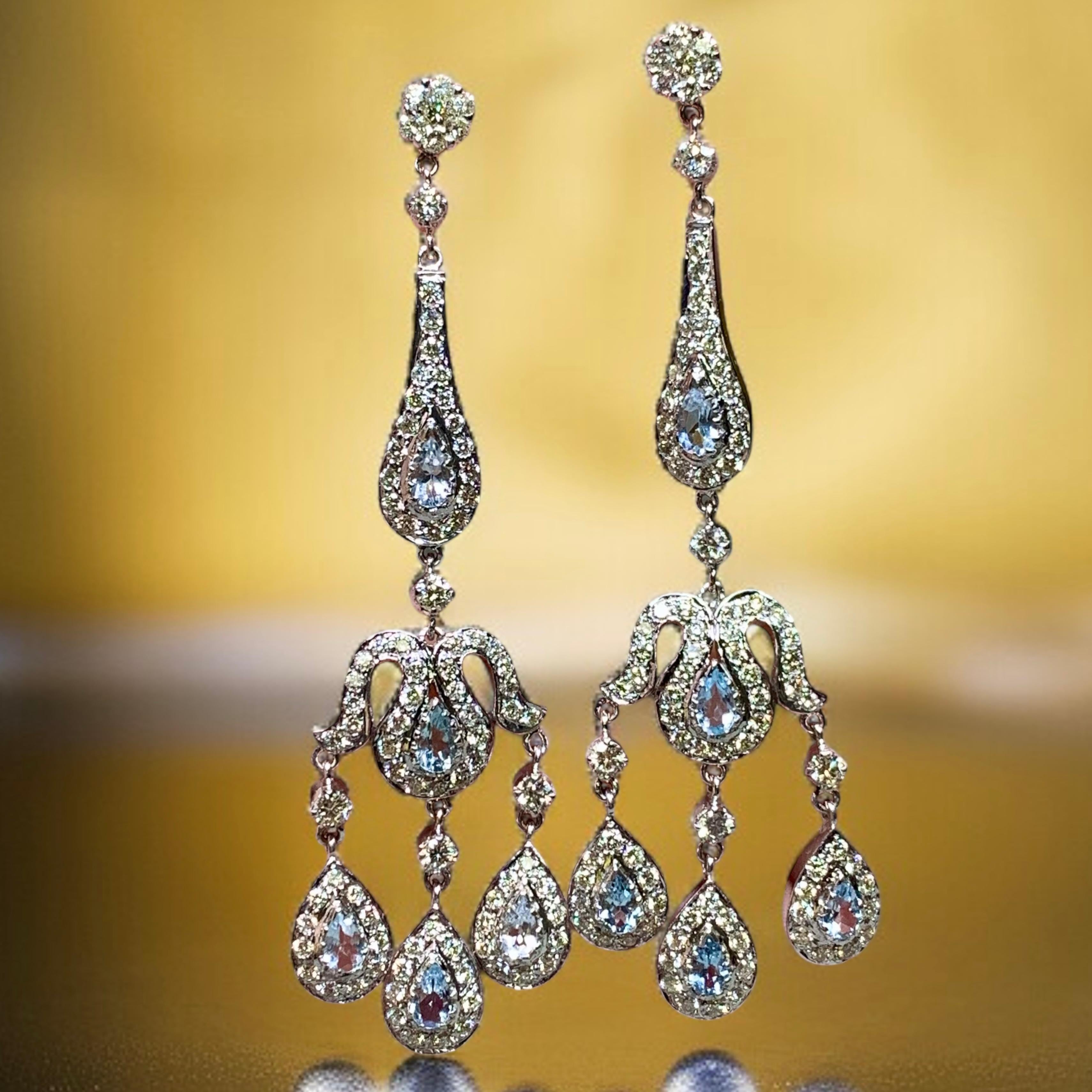 Orecchini pendenti con diamante e acquamarina in oro bianco 14K Estate 5.20ctw In condizioni buone in vendita a Winter Springs, FL