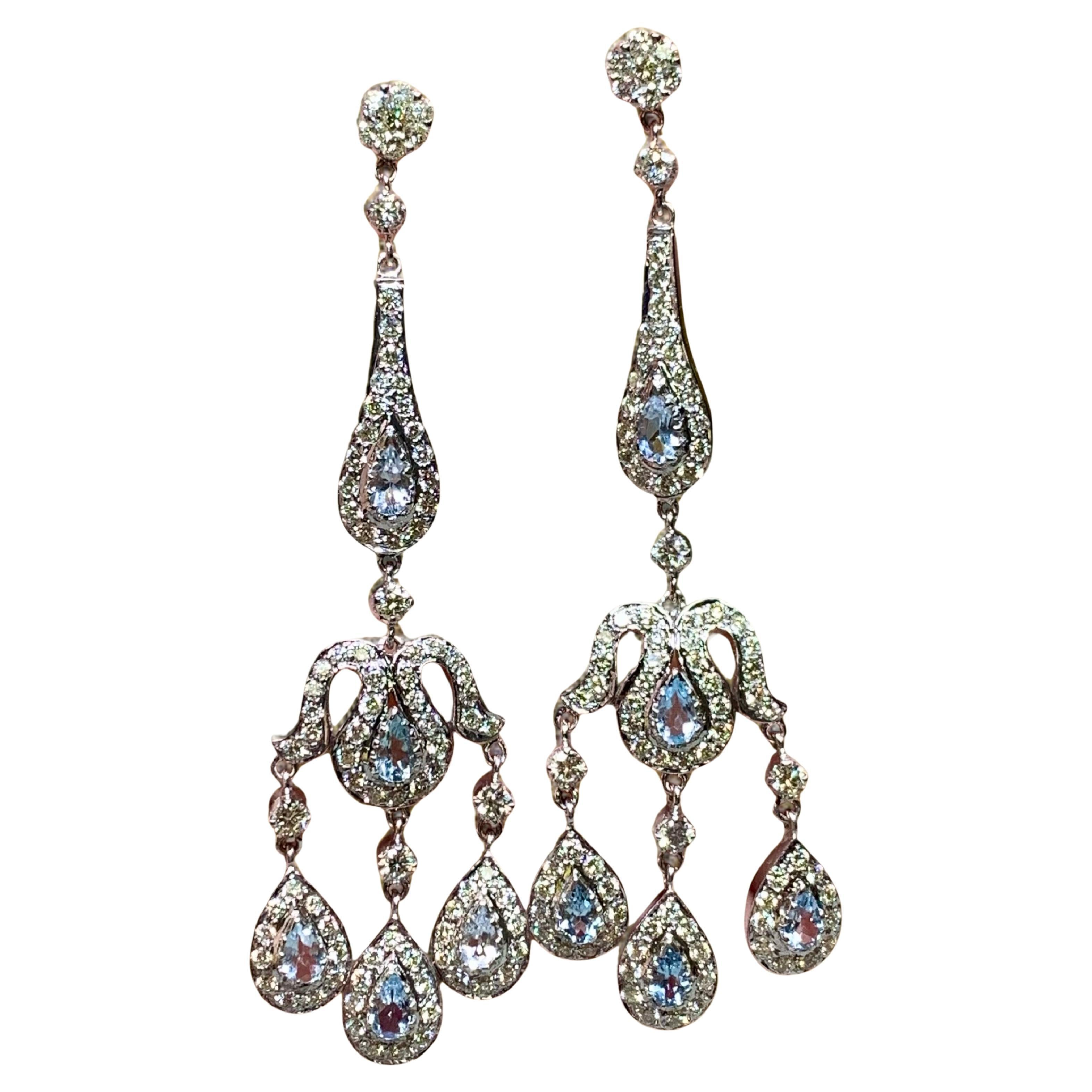 Estate 14K White Gold Aquamarine Diamond Chandelier Drop Earrings 5.20ctw