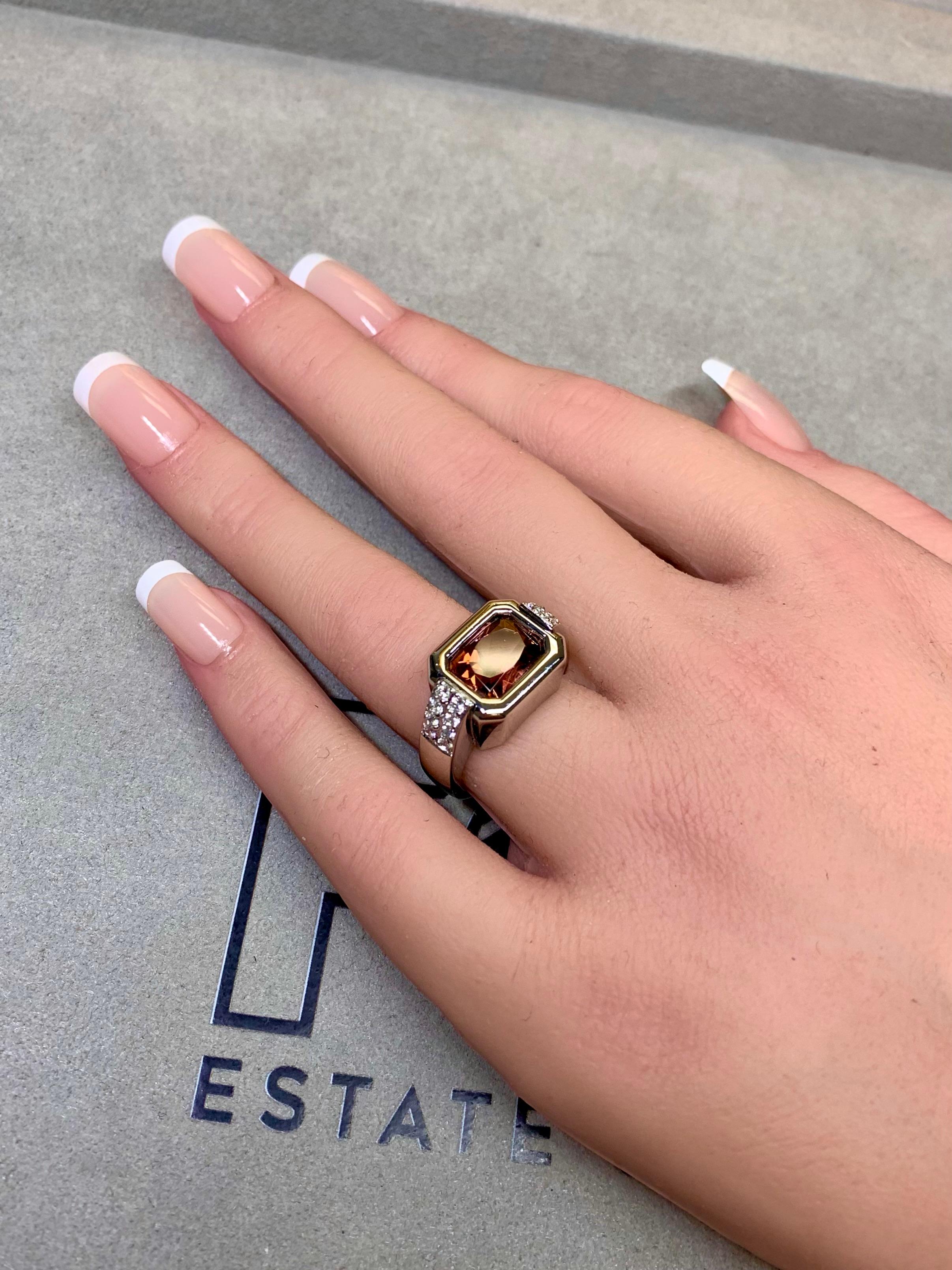 Estate 14K Weißgold Lünette Set Rosa  Turmalin abgeschrägte Kante Diamant Ring 6,5 im Angebot 4