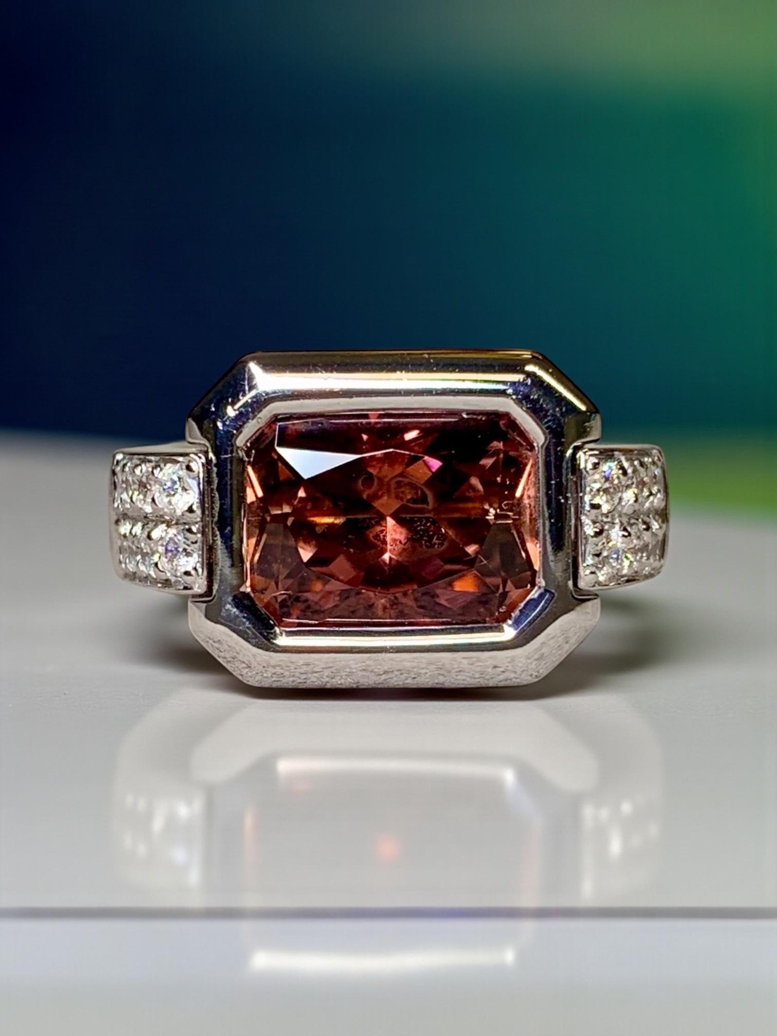 Estate 14K Weißgold Lünette Set Rosa  Turmalin abgeschrägte Kante Diamant Ring 6,5 im Angebot 7