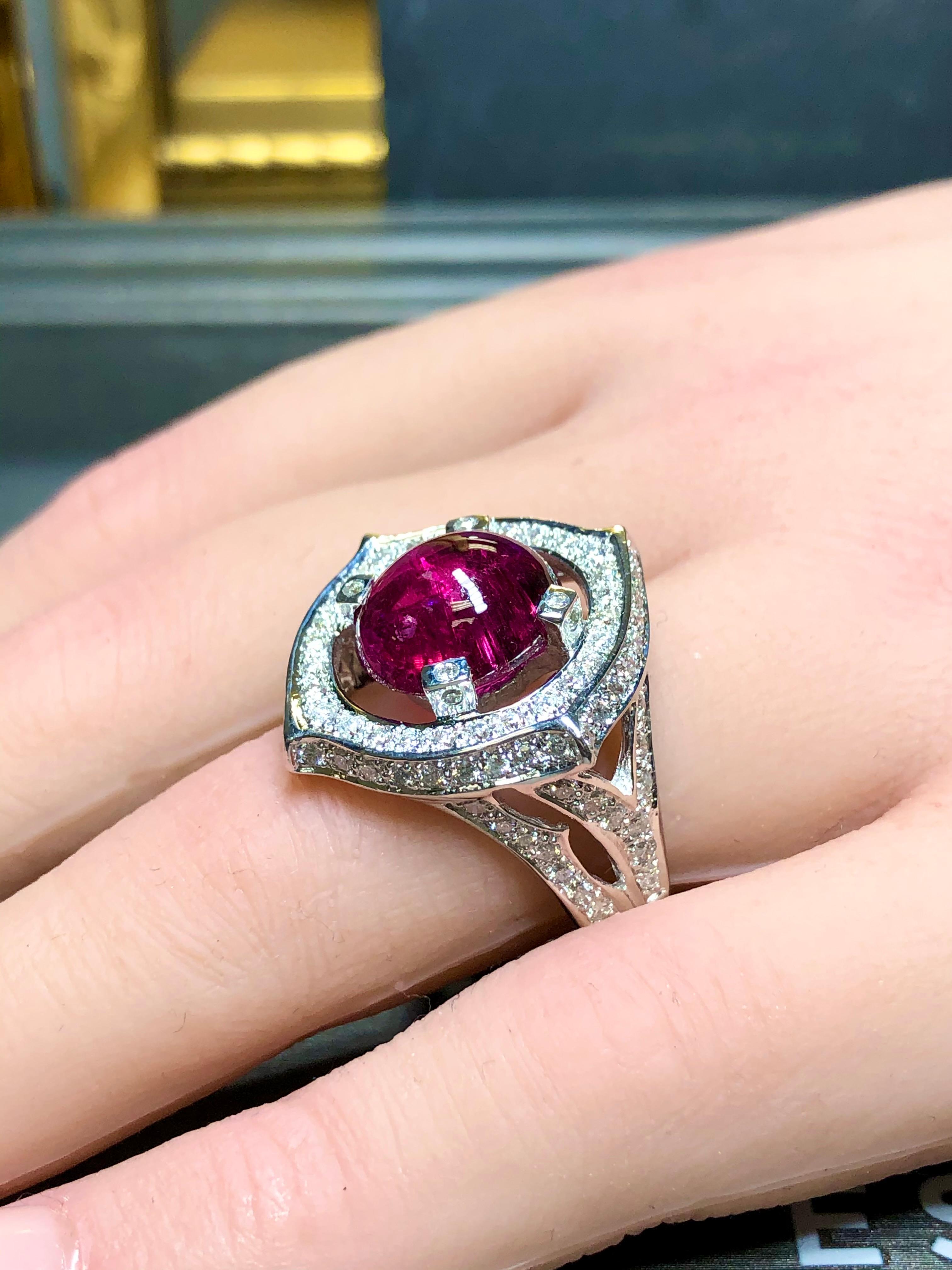 Estate 14K White Gold Cabochon Pink Tourmaline Diamond Cocktail Ring 7.80cttw For Sale 5