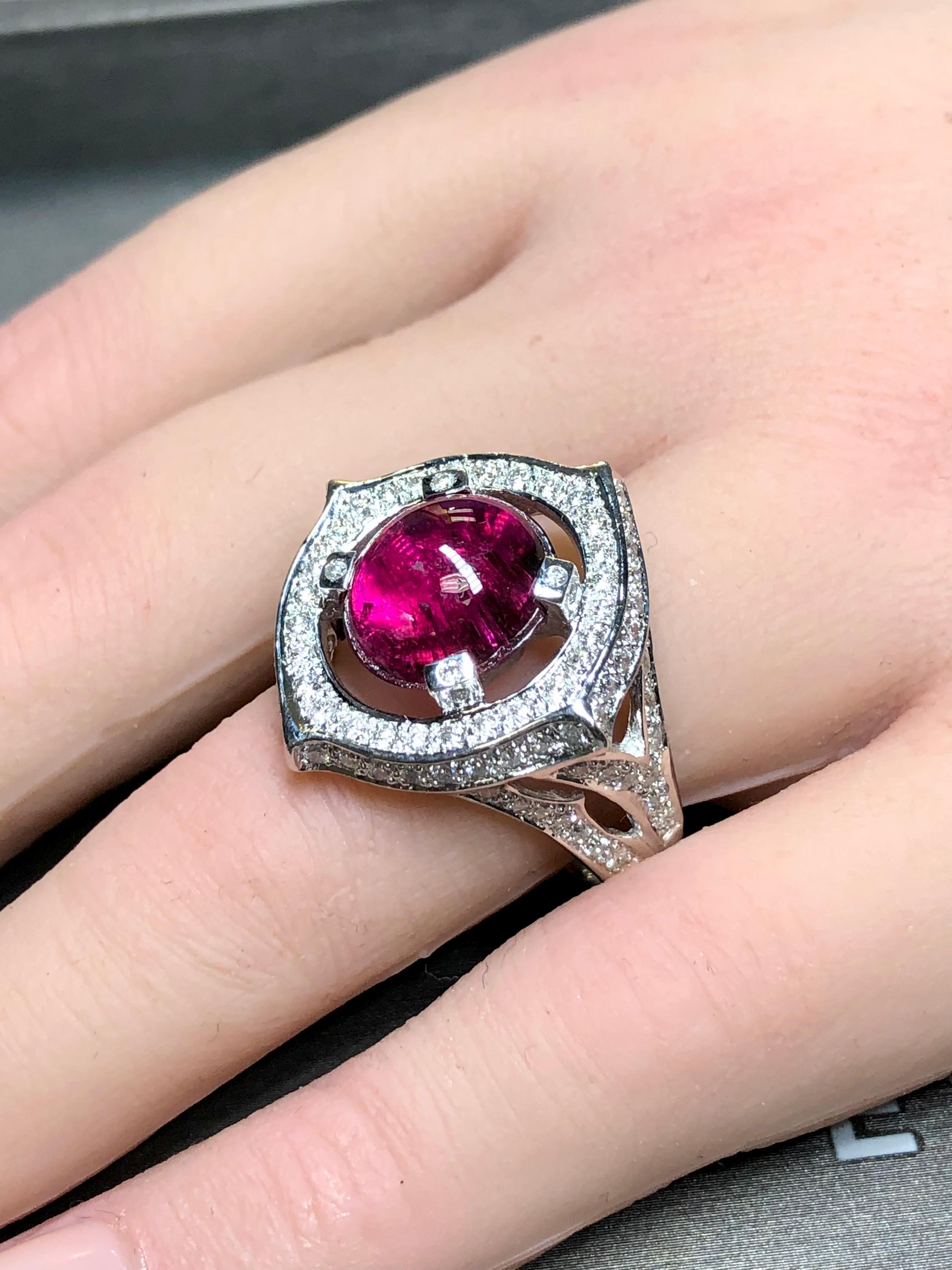 Estate 14K White Gold Cabochon Pink Tourmaline Diamond Cocktail Ring 7.80cttw For Sale 6