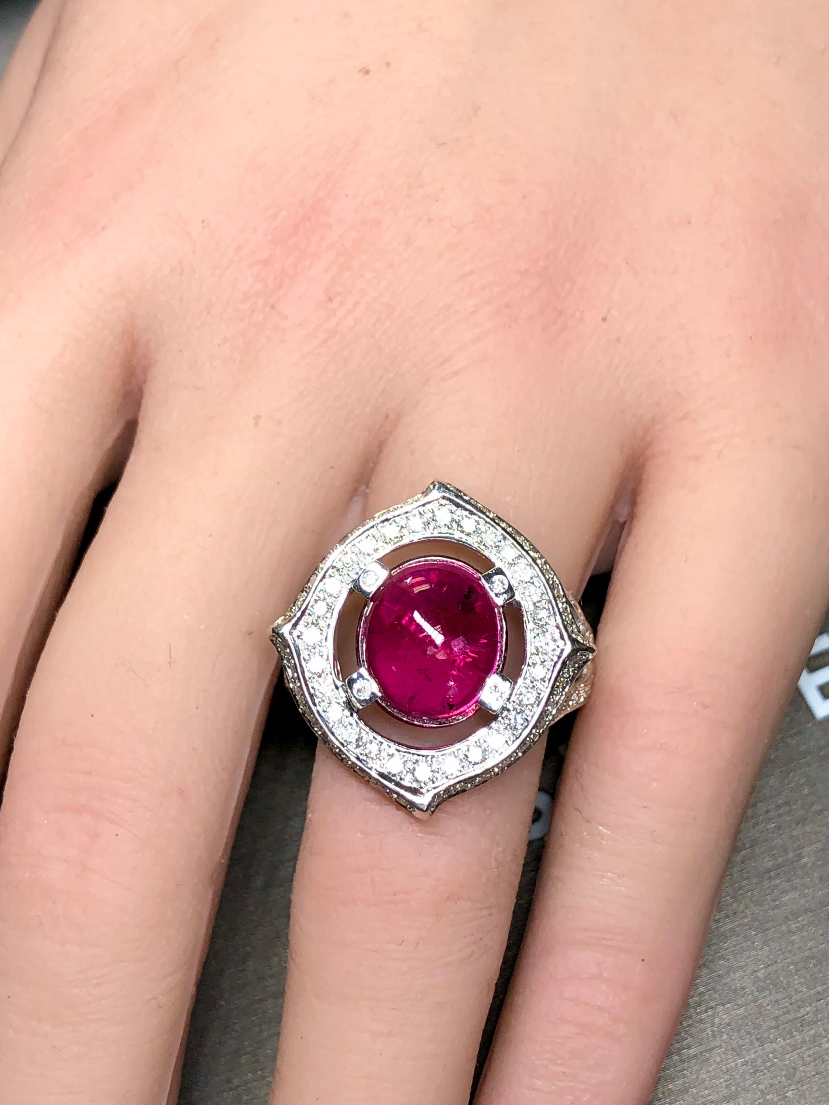 Estate 14K White Gold Cabochon Pink Tourmaline Diamond Cocktail Ring 7.80cttw For Sale 7