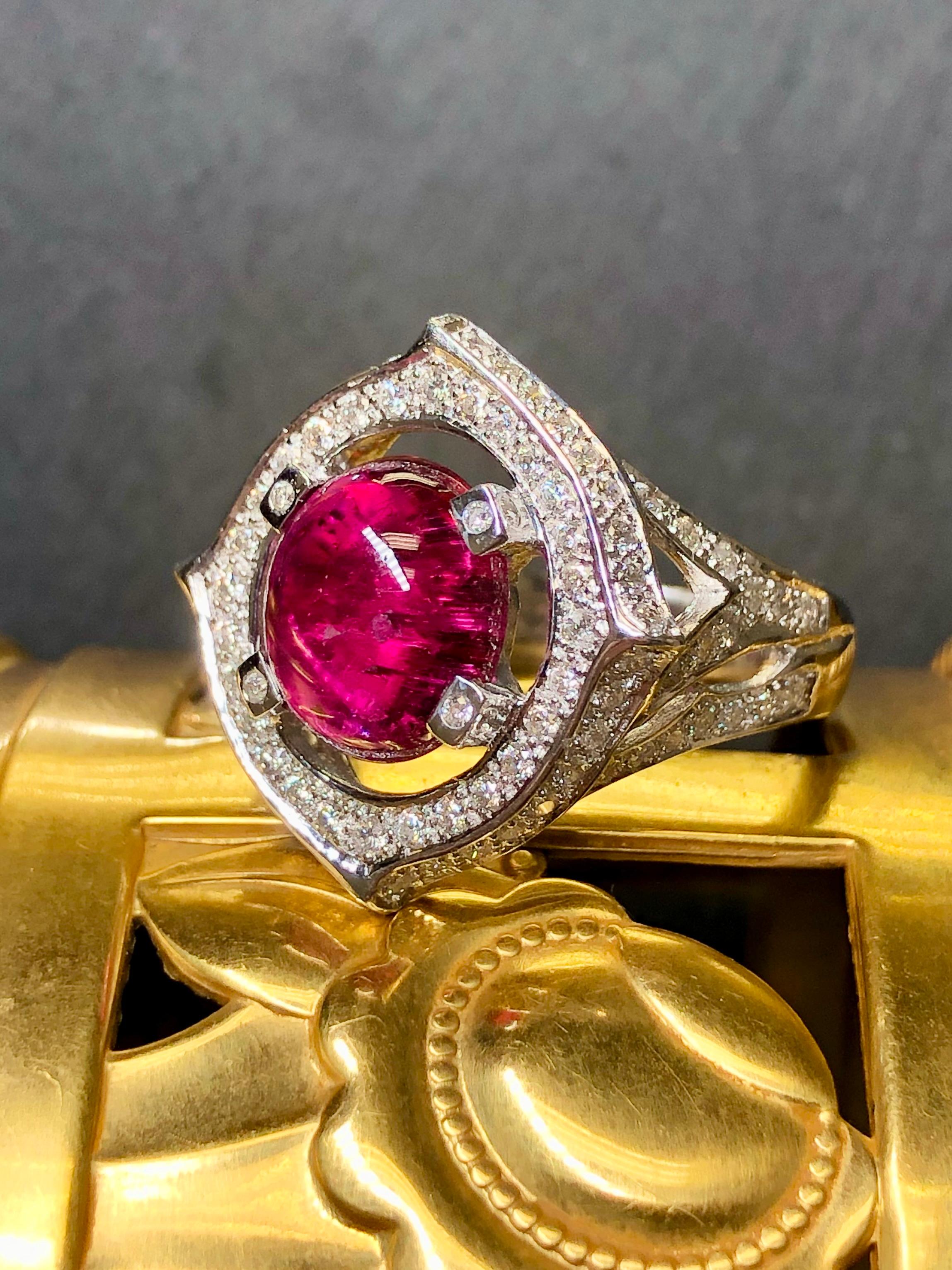 Contemporary Estate 14K White Gold Cabochon Pink Tourmaline Diamond Cocktail Ring 7.80cttw For Sale