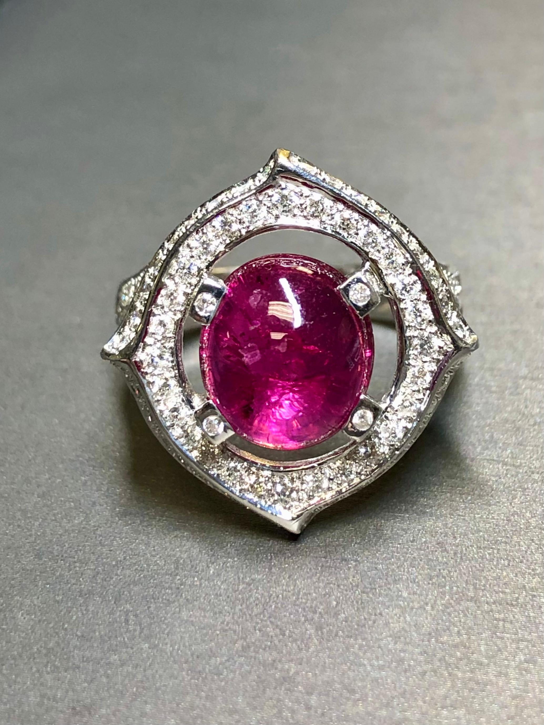 Estate 14K White Gold Cabochon Pink Tourmaline Diamond Cocktail Ring 7.80cttw In Good Condition For Sale In Winter Springs, FL