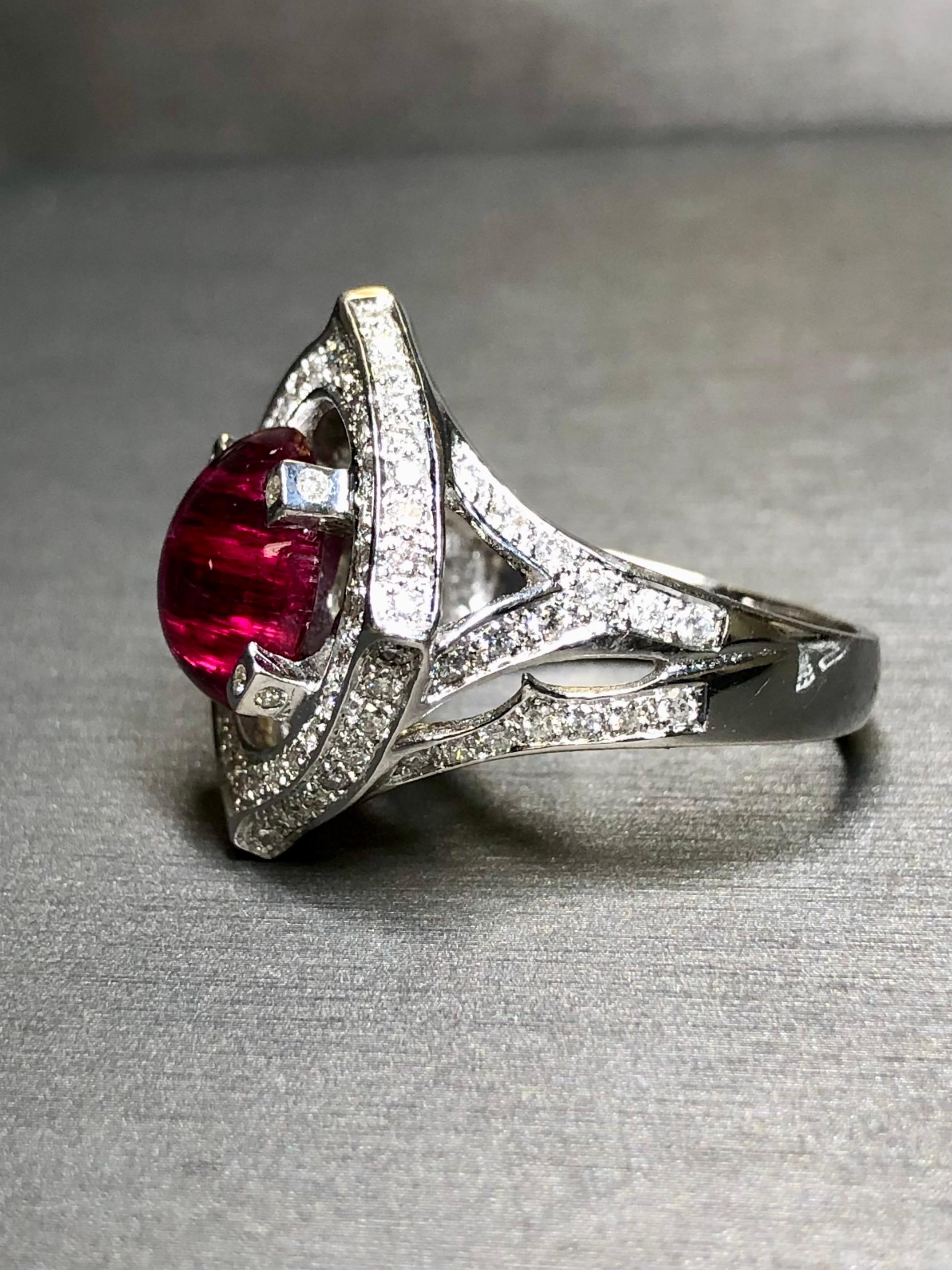 Women's or Men's Estate 14K White Gold Cabochon Pink Tourmaline Diamond Cocktail Ring 7.80cttw For Sale
