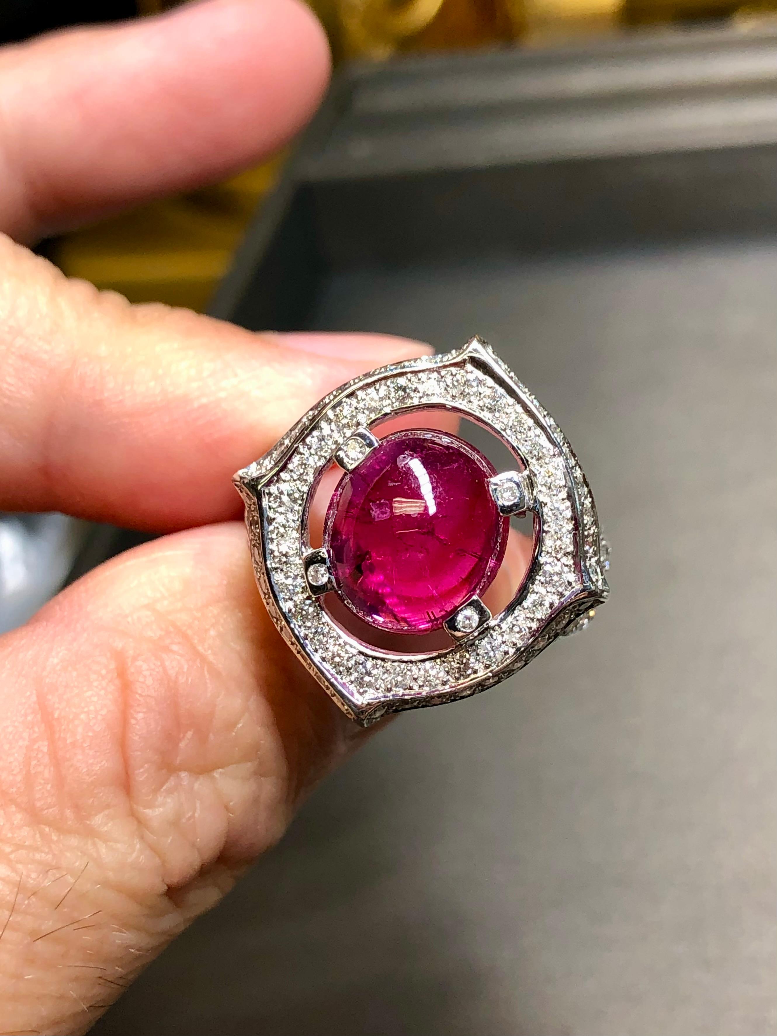 Estate 14K White Gold Cabochon Pink Tourmaline Diamond Cocktail Ring 7.80cttw For Sale 2