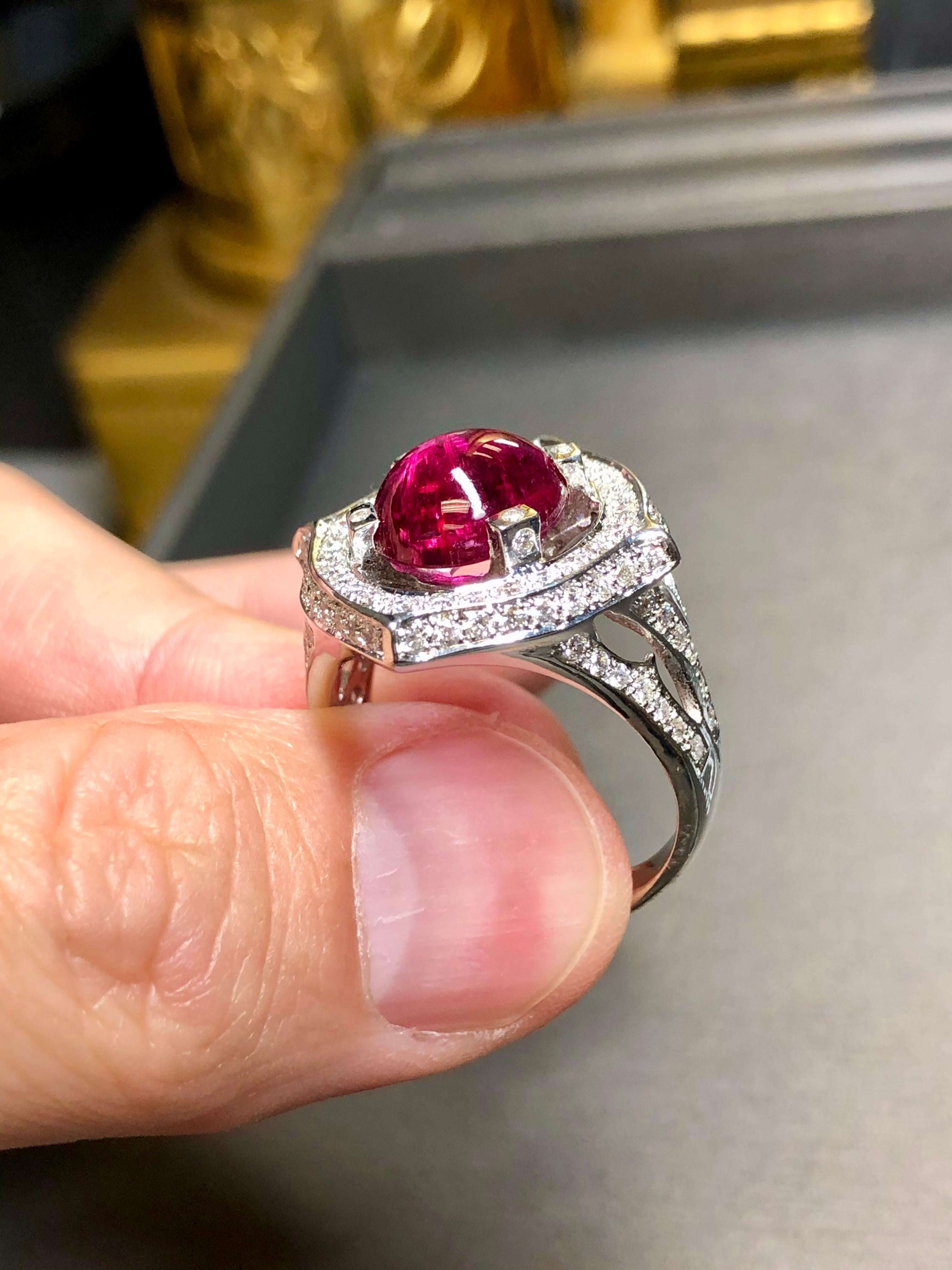 Estate 14K White Gold Cabochon Pink Tourmaline Diamond Cocktail Ring 7.80cttw For Sale 3