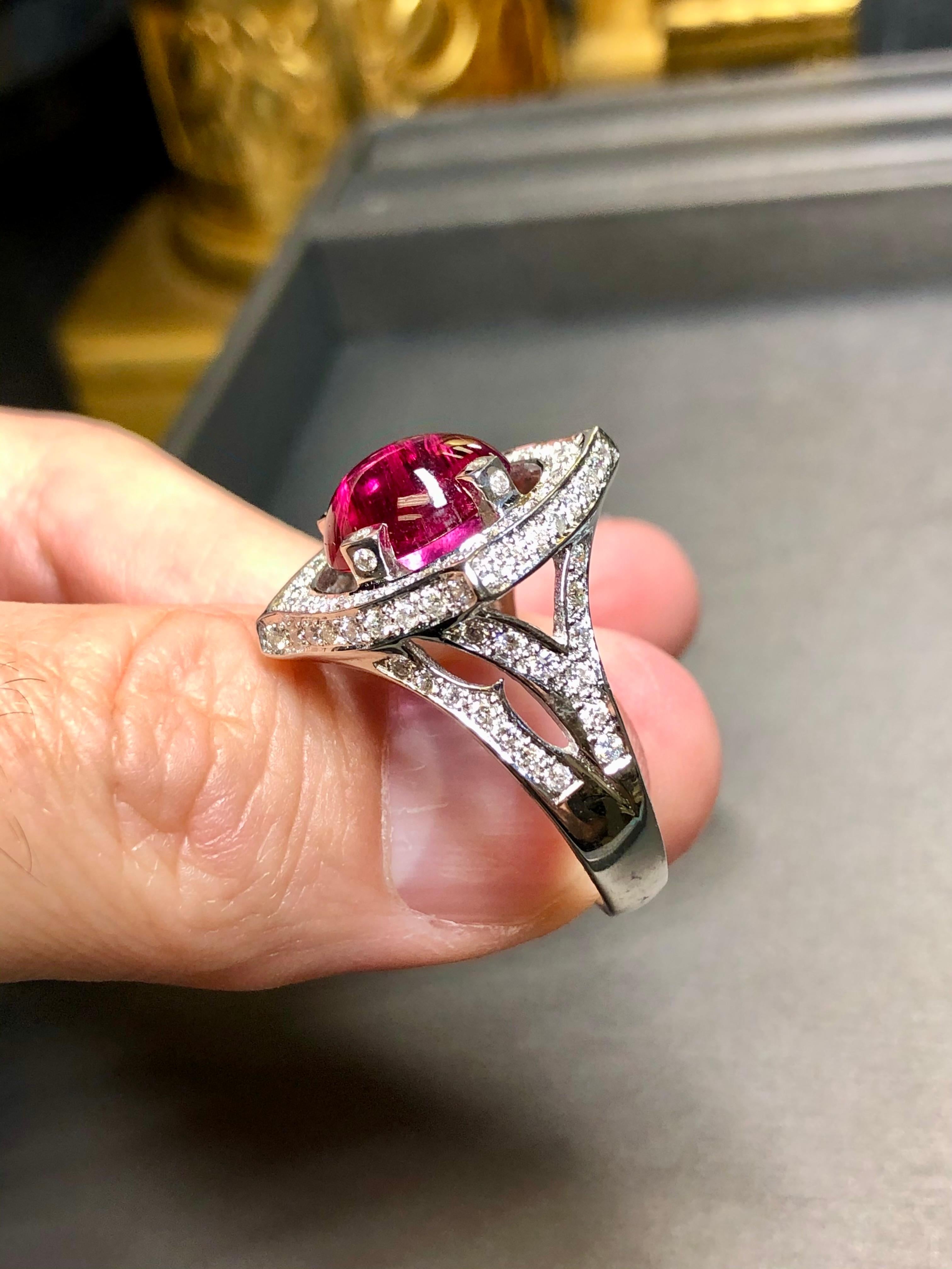 Estate 14K White Gold Cabochon Pink Tourmaline Diamond Cocktail Ring 7.80cttw For Sale 4