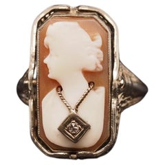Estate 14K White Gold Cameo and Onyx Diamond Flip Ring - VHK#615A