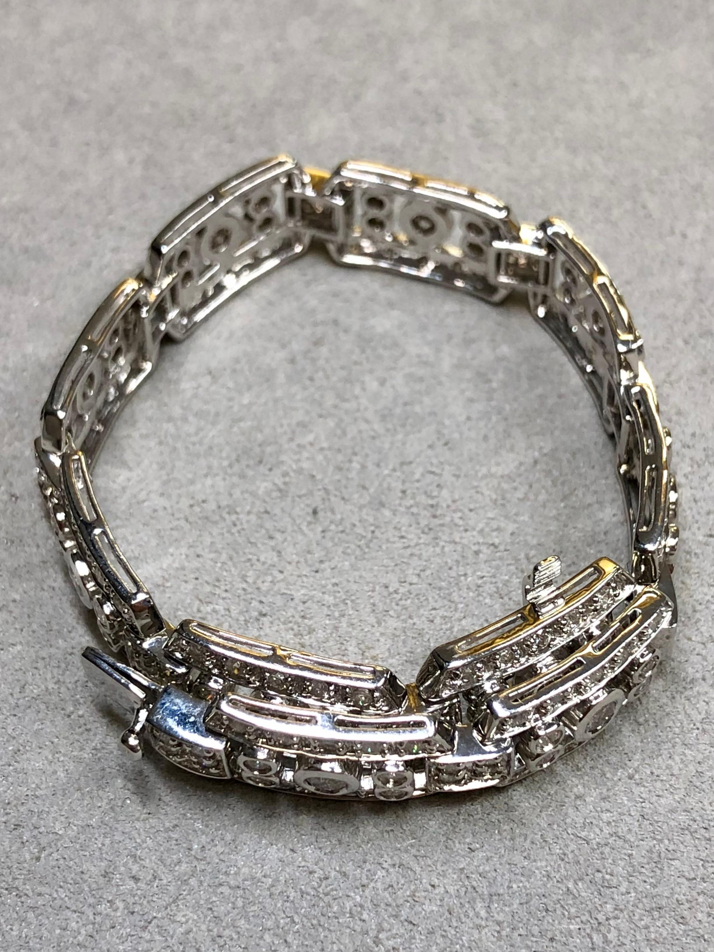 Art Deco Estate 14K White Gold Deco Bezel Set Diamond Wide Line Cocktail Bracelet 4.60ctw For Sale