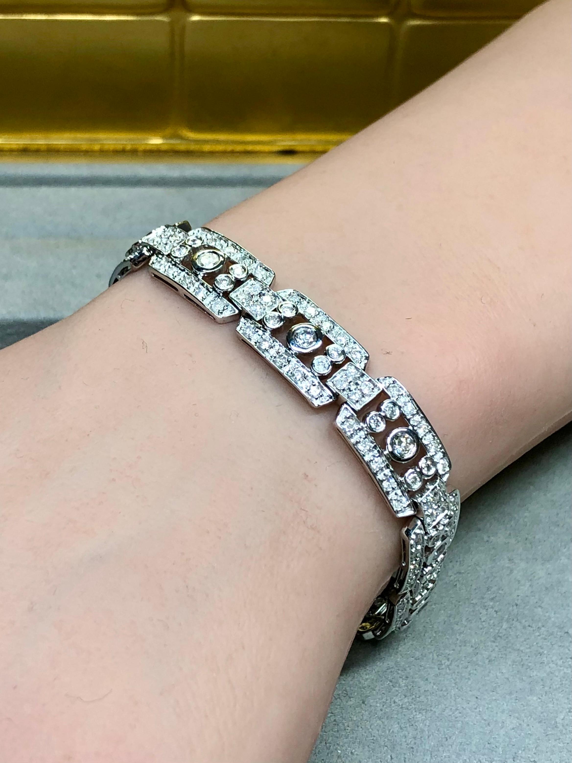 Round Cut Estate 14K White Gold Deco Bezel Set Diamond Wide Line Cocktail Bracelet 4.60ctw For Sale