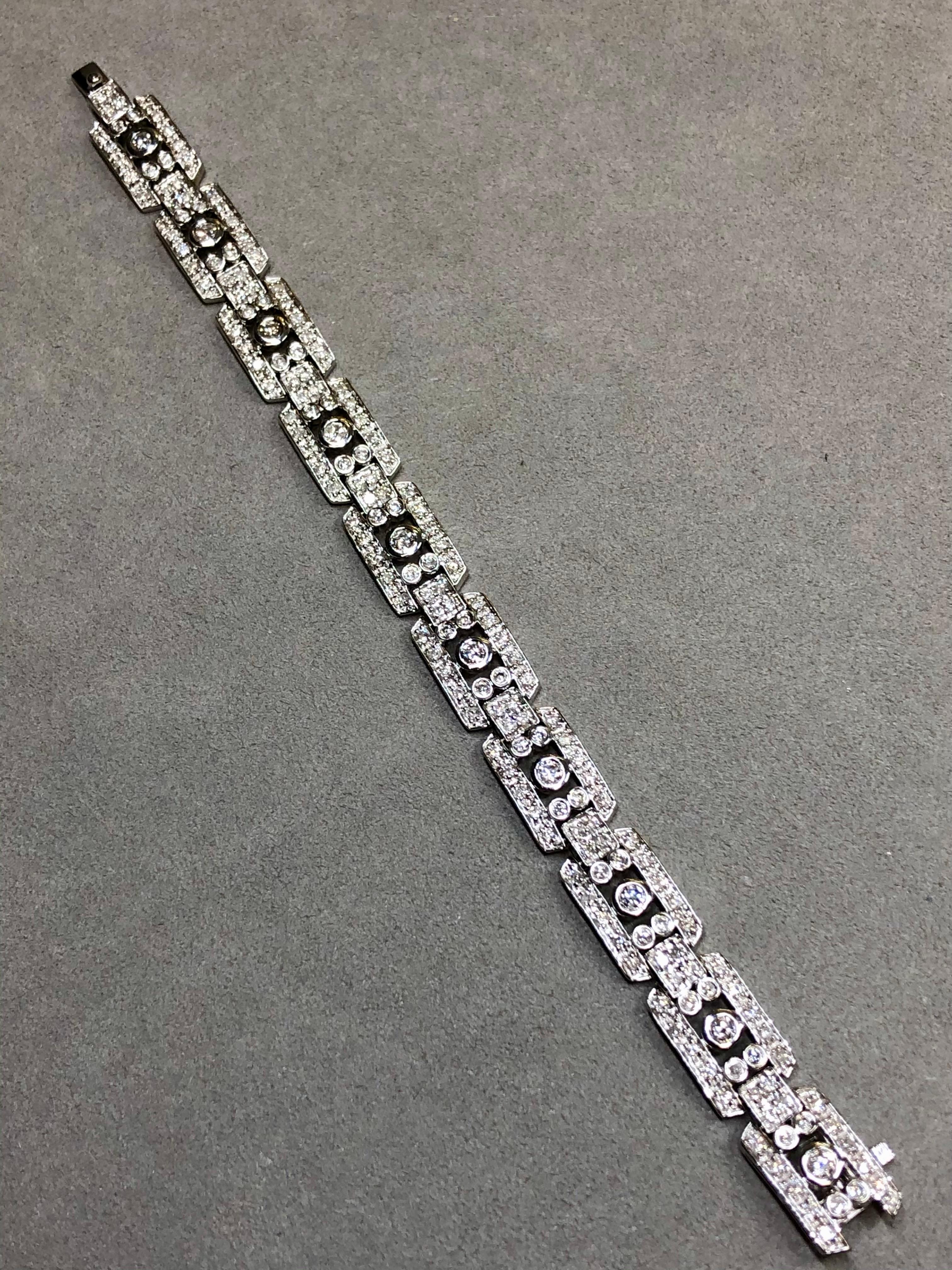 Women's or Men's Estate 14K White Gold Deco Bezel Set Diamond Wide Line Cocktail Bracelet 4.60ctw For Sale