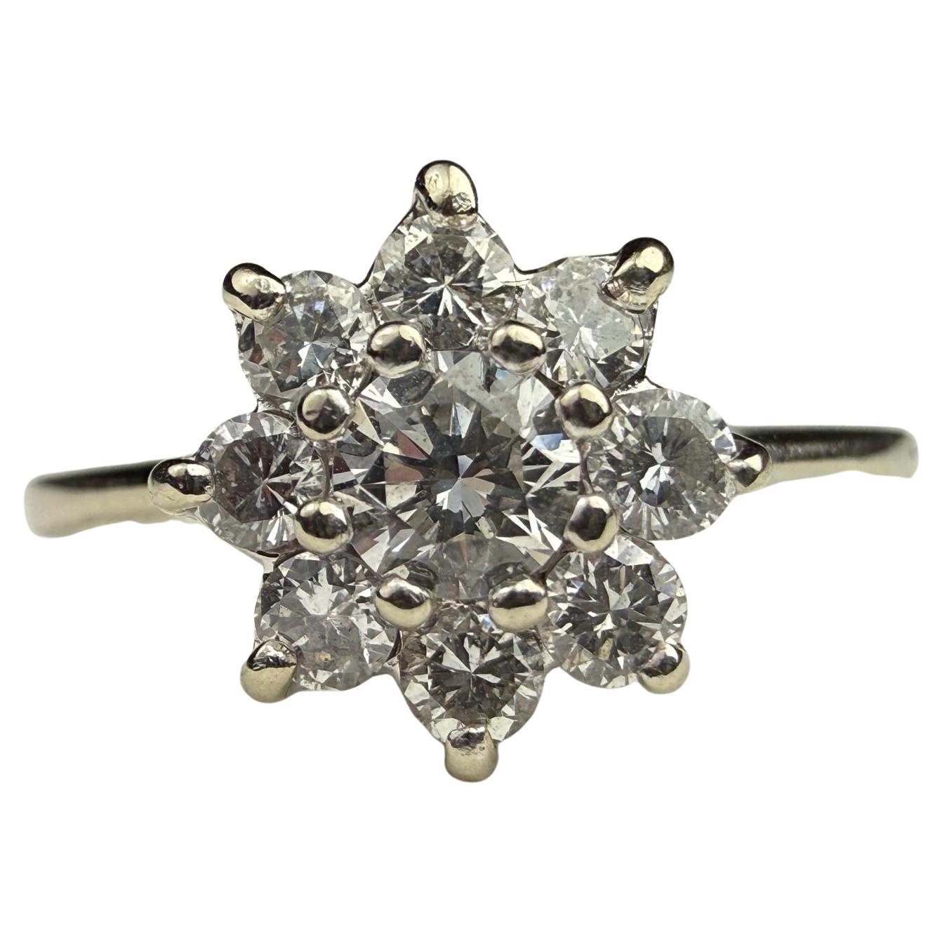 Estate 14K White Gold Diamond Flower Cluster Ring, Blue Fire For Sale