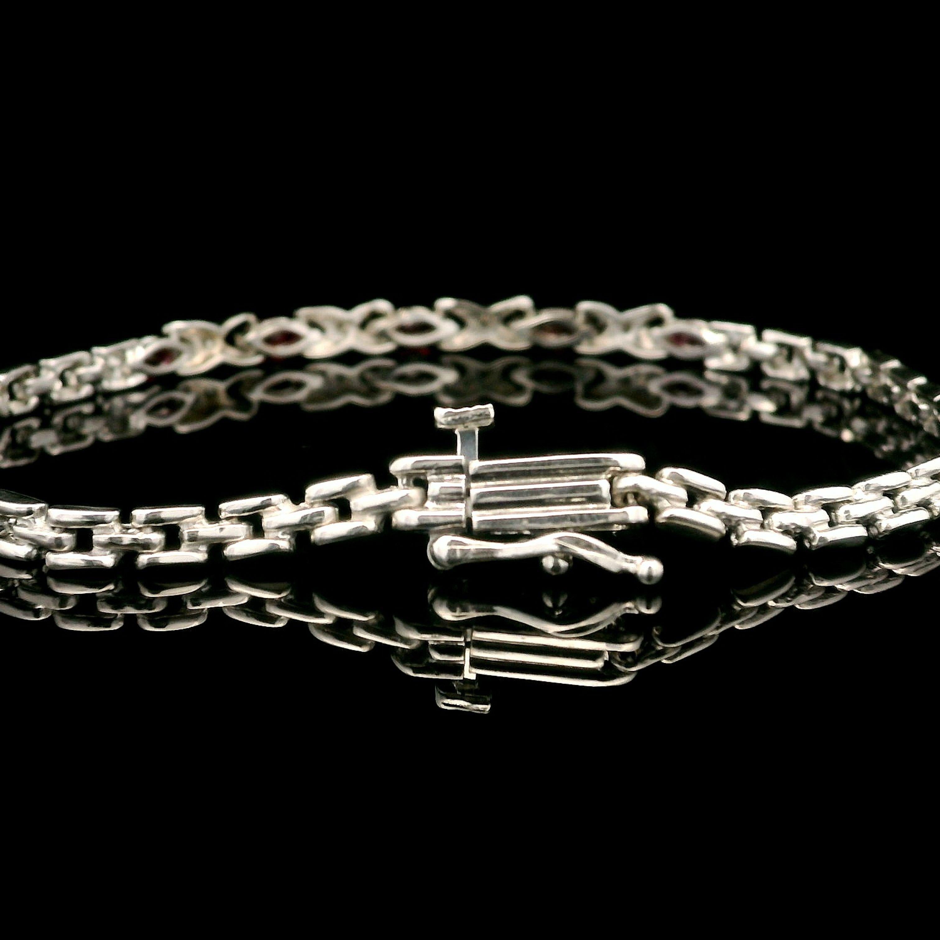 Oval Cut Estate 14k White Gold Diamond & Ruby Section Polished Brick Link Bracelet