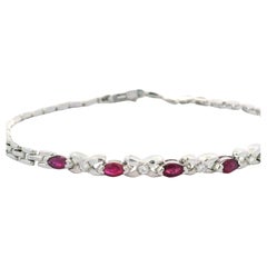 Estate 14k White Gold Diamond & Ruby Section Polished Brick Link Bracelet