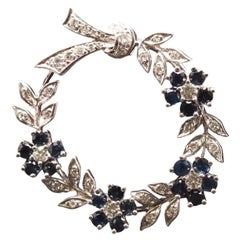 Estate 14K White Gold Diamond & Sapphire Brooch - VHK#393A