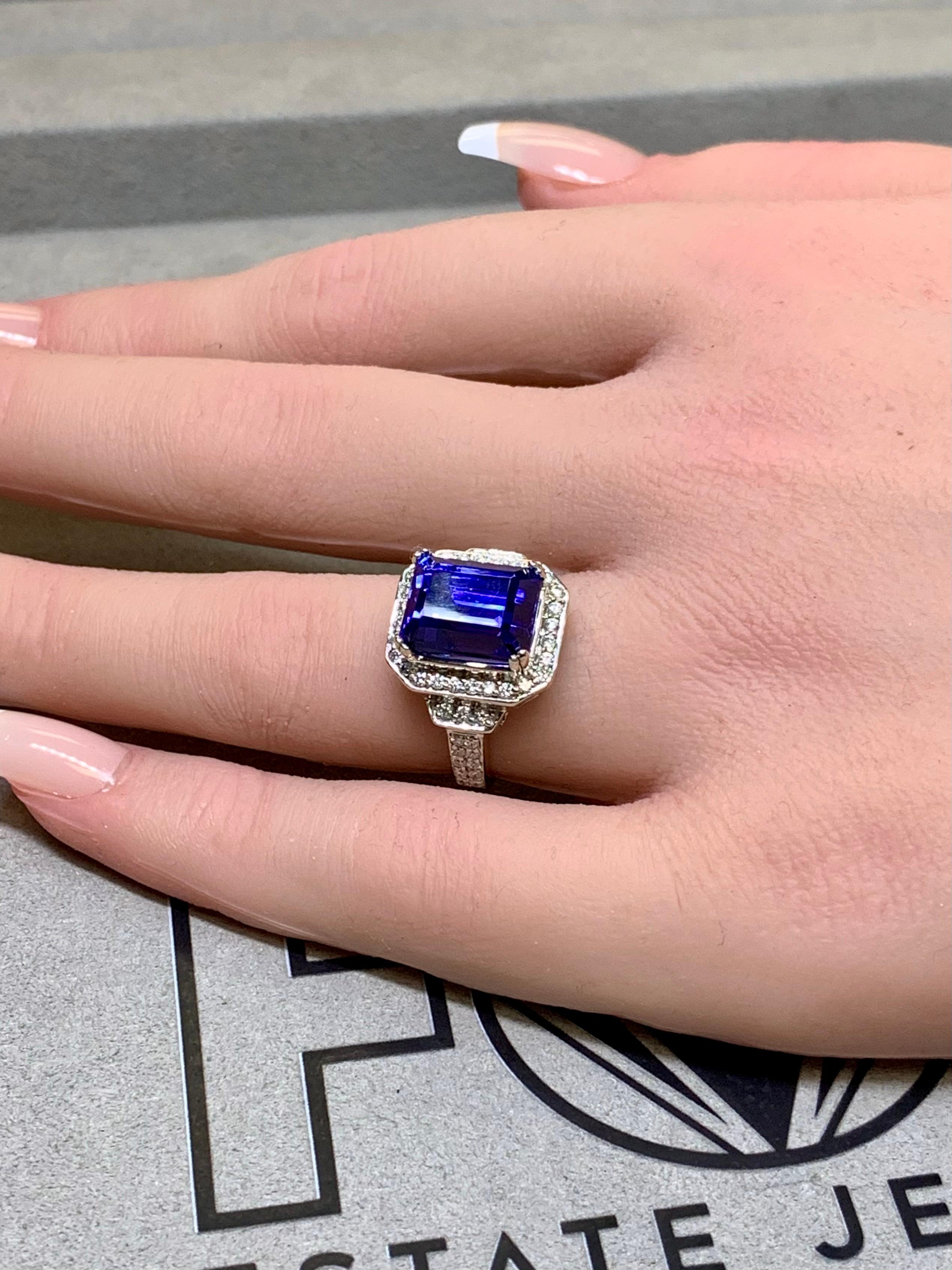 Estate 14K Weißgold Smaragdschliff Tansanit Diamant Cocktail Ring 7,31ctw 2