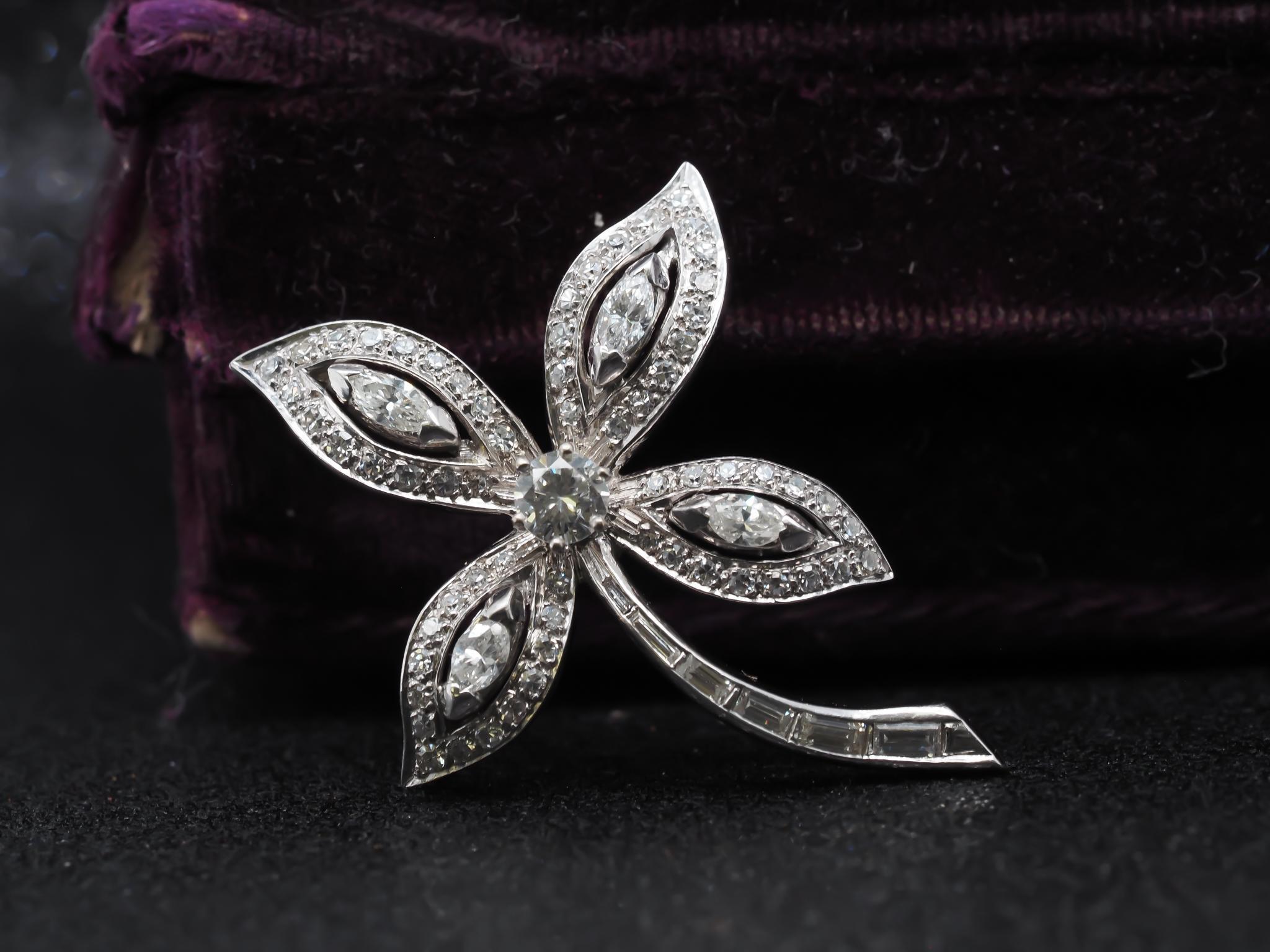 Round Cut Estate 14K White Gold Flower Brooch with Diamonds For Sale